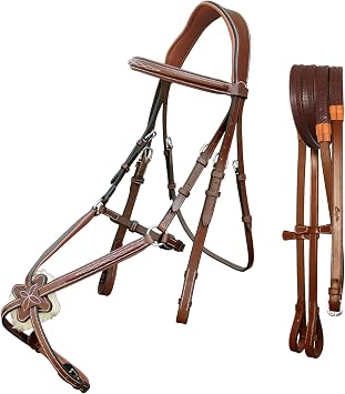 Anatomical Figure 8 Bridle with Broad Mono Crown Piece | Fancy Stitching Square Raised Noseband | Soft Padding on Crown, Brow & Noseband | Rubber Grip Reins for Horse