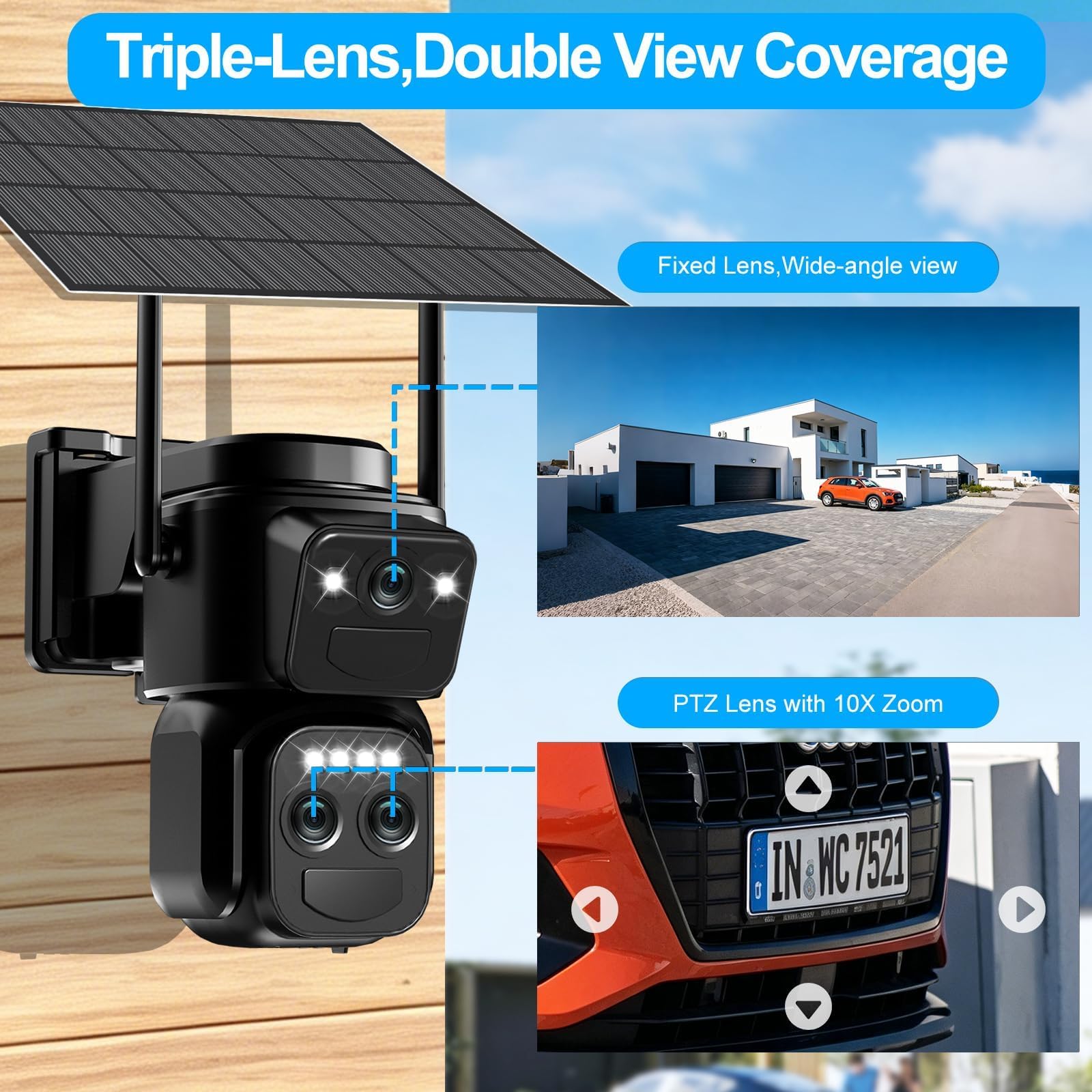 8MP Triple Lente Camara Vigilancia WiFi Exterior con Panel Solar,10X Cámara Exterior Detección Humana PIR Doble,Visión Nocturna en Color, Audio Bidireccional,Seguimiento Automático,Sirena,IP66,2.4GHz