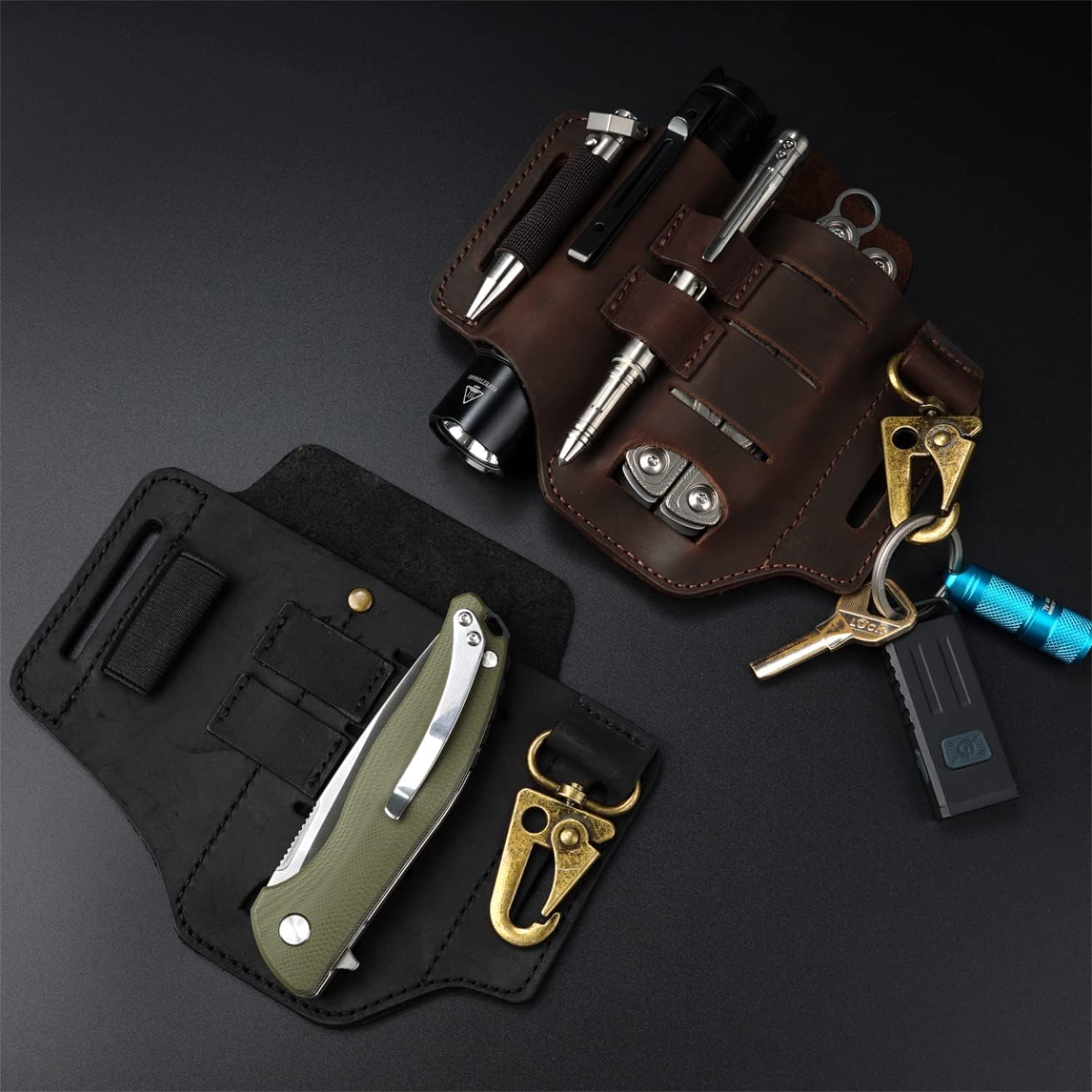 VIPERADE PJ16 Cuir EDC Sac Fourreau en Cuir Organisateur en Tactique Multi Porte-Outils Sac en avec Porte-clés pour Outils de Lampe de Poche Camping en Plein air (Brun)
