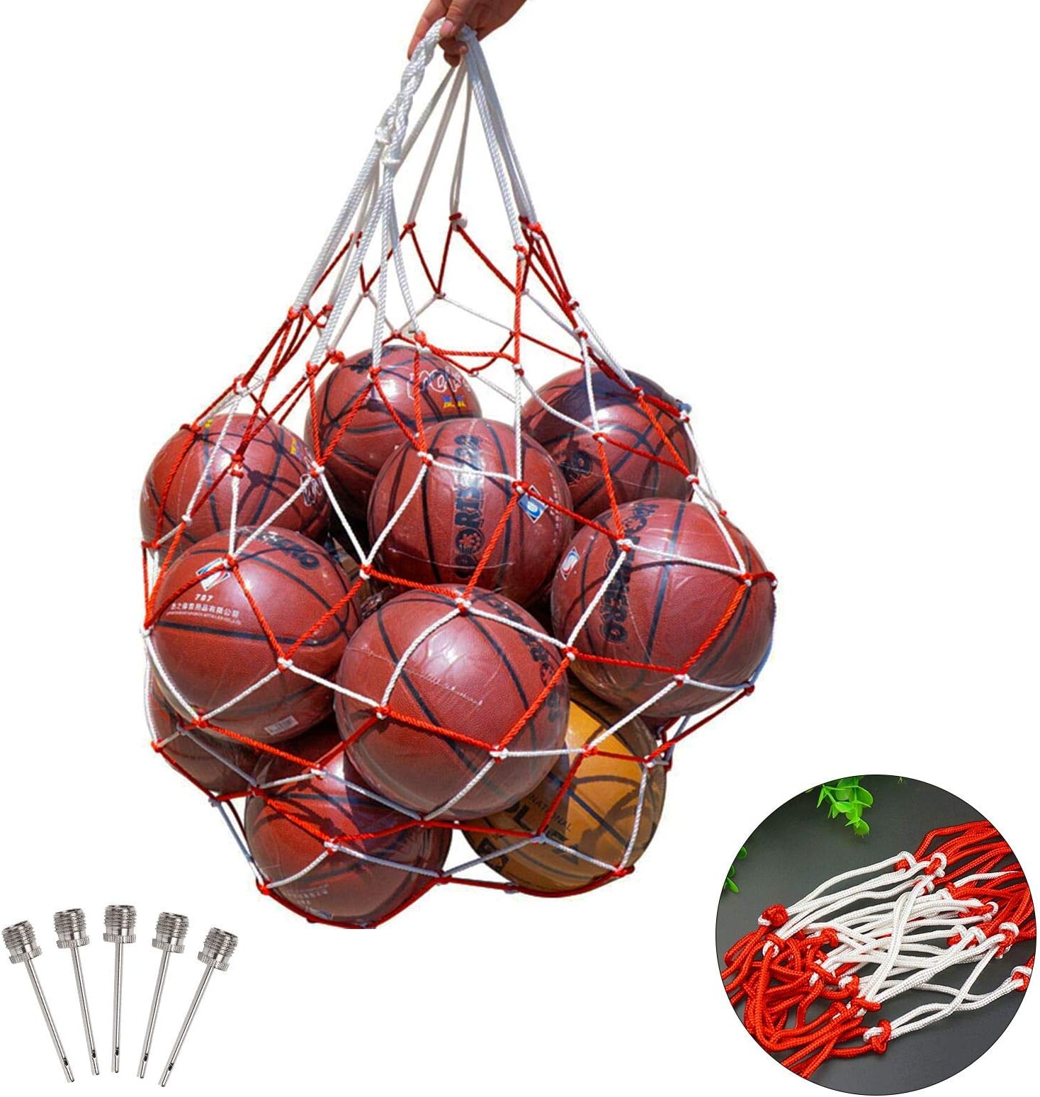 Mesh Net Bag for Ball, Carry, Heavy Duty Storage for Basketball, Football Volleyball, Multi-Functional Bag for Vegetables, Fruits, Red and White, with 5
