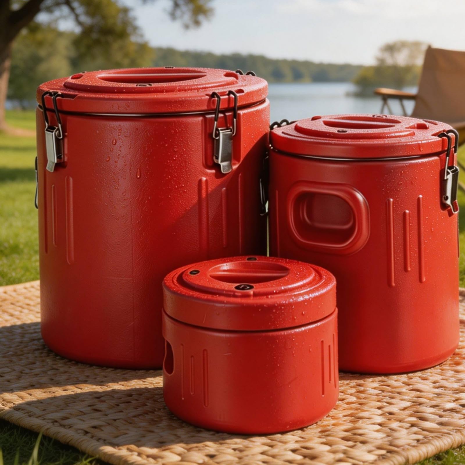 F Fityle 3 Piezas Cubo Isotérmico de Almacenamiento Contenedor Térmico Recipiente Conservador con Tapa Sellada y Pestillo Inoxidable con Asas Resistente para, Array, Rojo