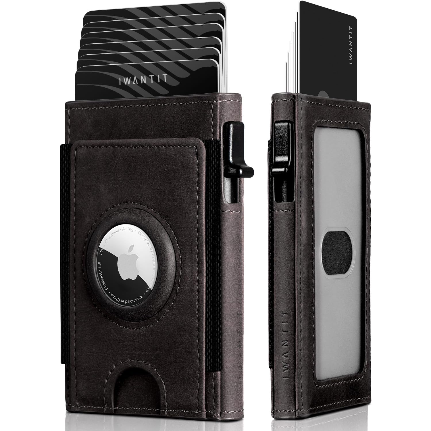 AirTag Wallet, Slim Minimalist Front Pocket Leather Smart Pop Up Air Tag Wallet Credit Card Holder with ID Window 7-8+ Cards, Cash Slot, RFID Blocking Mens Gift, Vintage Brown, 3.8" x 2.4" x 0.4"