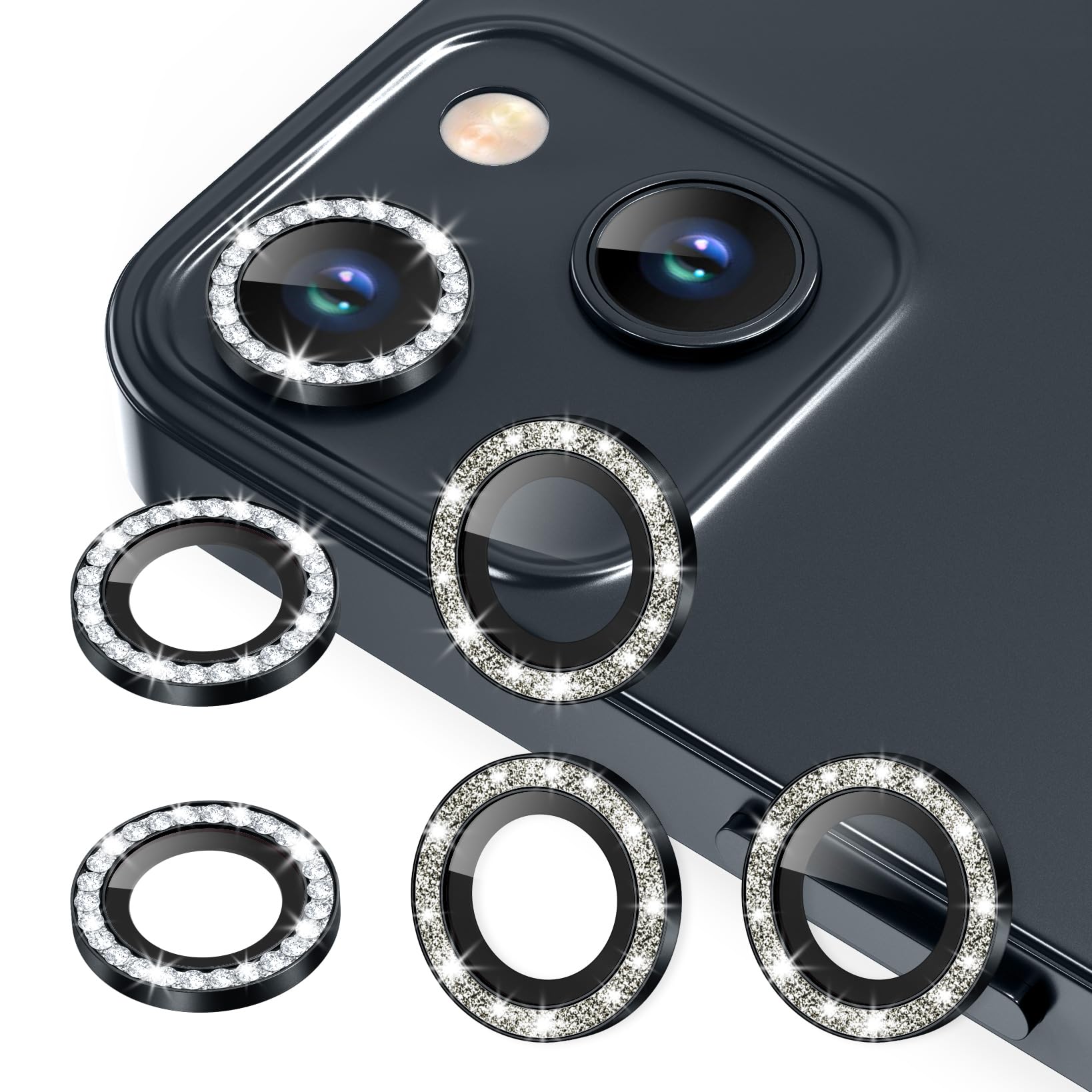 AGVEE 3+3 6 Pack for iPhone 13 6.1" / 13 Mini 5.4" Camera Lens Protector, Bling Diamond & Bling Glitter Metal Ring 9H Tempered HD Glass Camera Cover Film, Bling-Black