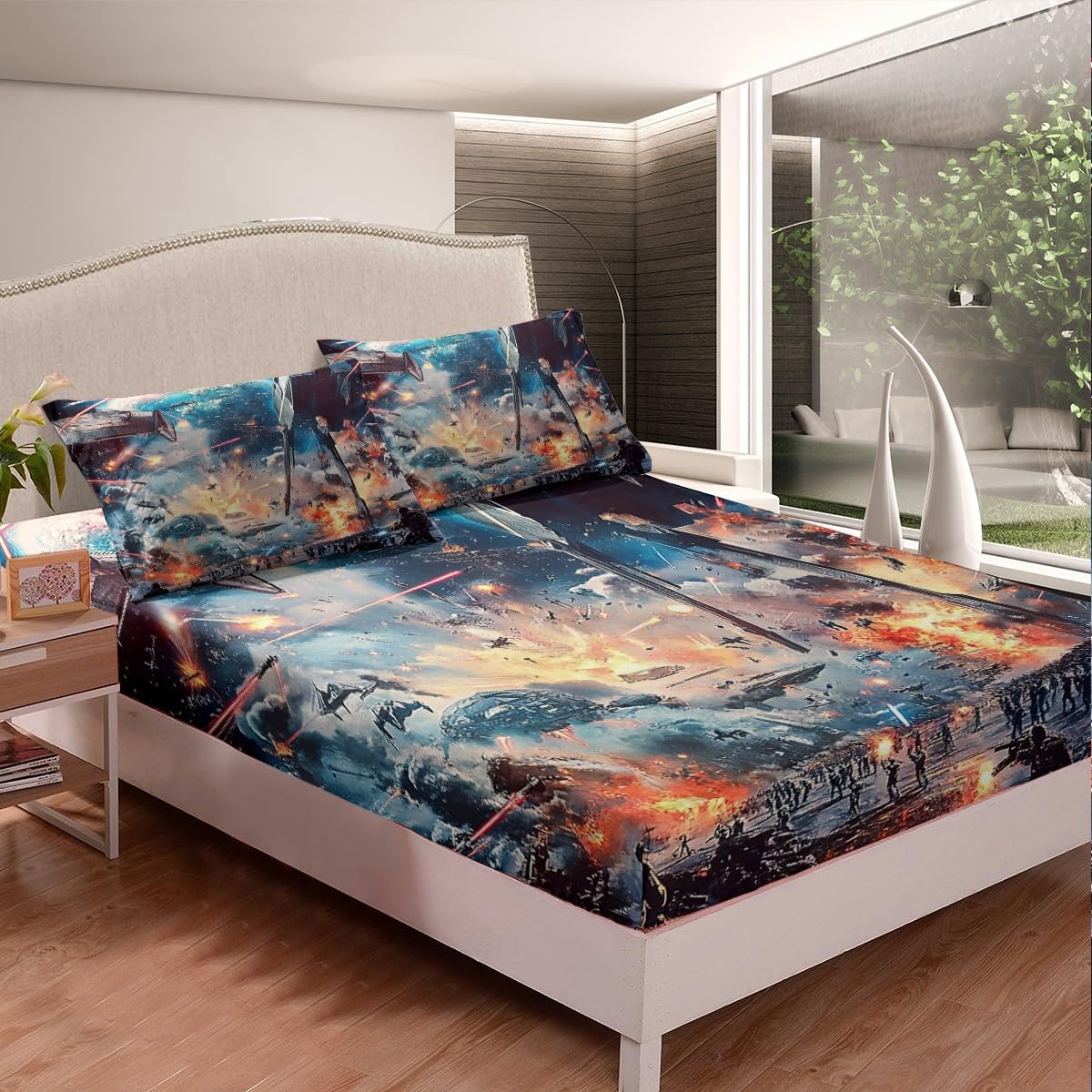 Space Universe War Fitted Sheets Full Size,Robots Soldier Bedding Sets 3Pcs,Spaceship Warship Aircraft Bed Sheet for Kids Boys Teens Room Decor,Men 3D Cool Modern Deep Pocket Sheet,2 Pillowcases