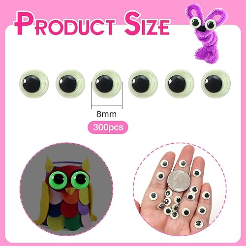 Miniatura 9 de TOAOB - 300 piezas de ojos pequeños de 0.315 pulgadas (0.315 in) con autoadhesivo, color negro, redondo, de plástico, ojos para decoración de
