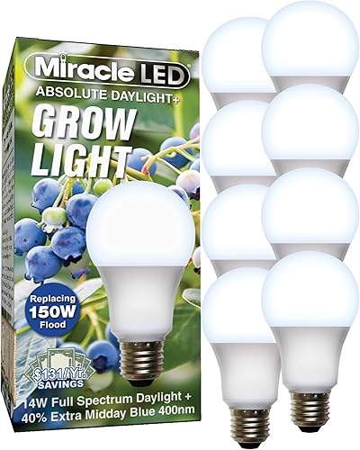 Miracle LED Luz diurna absoluta de espectro azul de 14 W y luz de crecimiento que reemplaza 150 W (paquete de 8 unidades) con temporizador de luz de