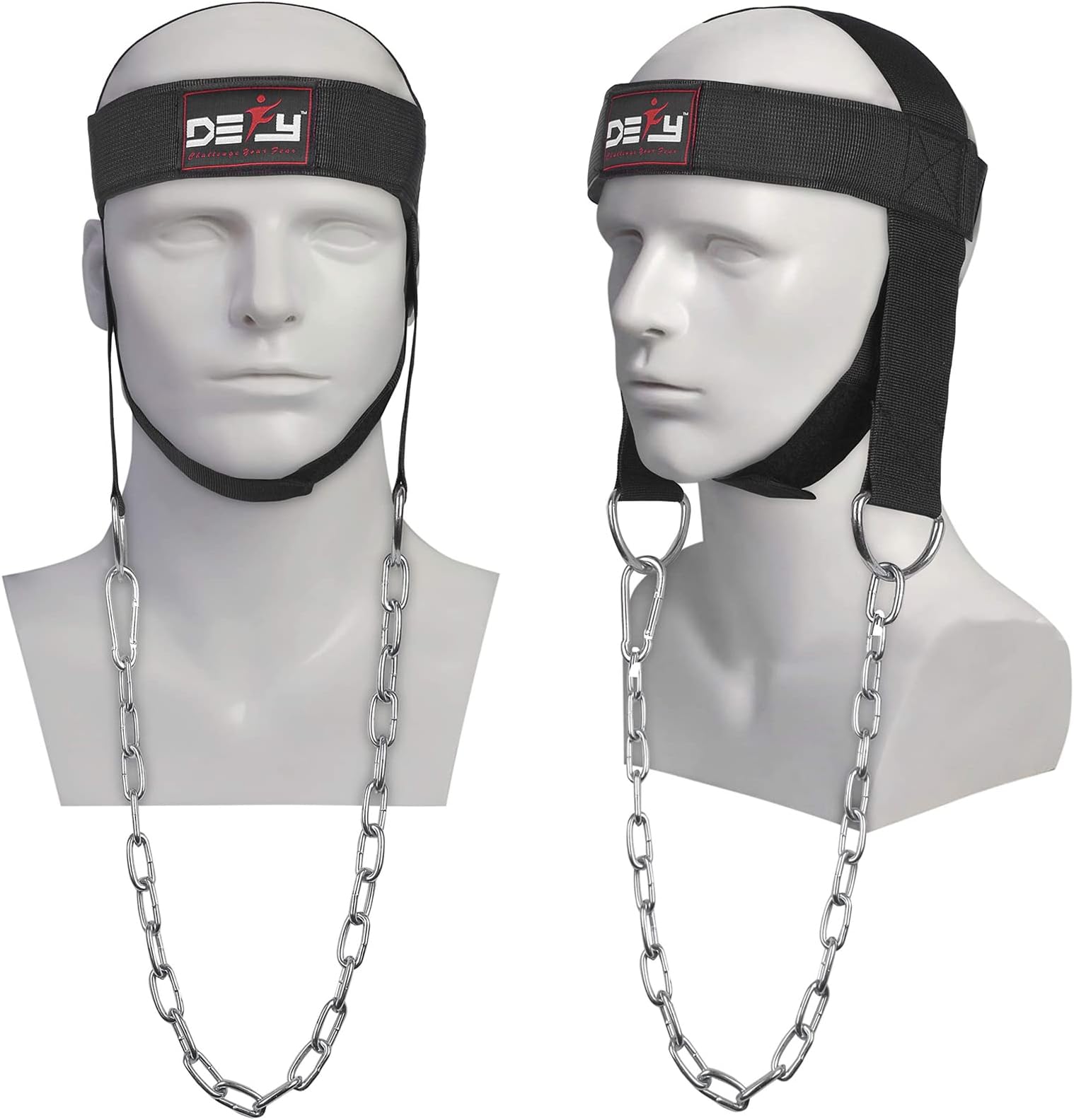 DEFY Neck Harness, Weight Lifting Neck Exerciser - Workout Equipment for Head, Neck Strengthener for Gym Training – Head Exercise for Men Women - Nylon Adjustable Straps with Metal Chain (Black)