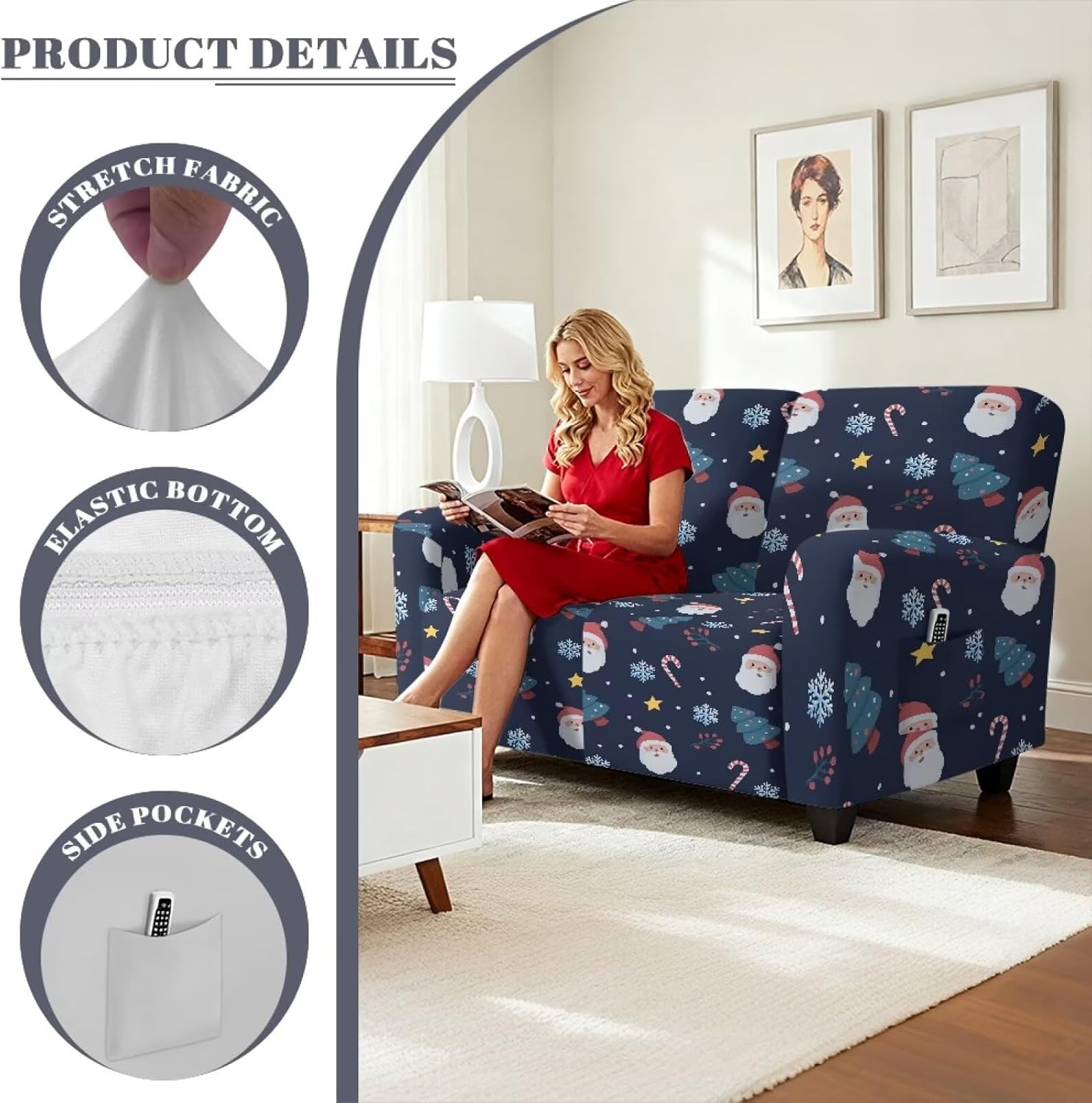 Suobstales Santa Claus Tree Snowflake Candy Print Loveseat Recliner Slipcover Christmas Decor Stretch Recliner Sofa Cover for 2 Seat Reclining Loveseat Couch, Furniture Protector with Elastic Bottom