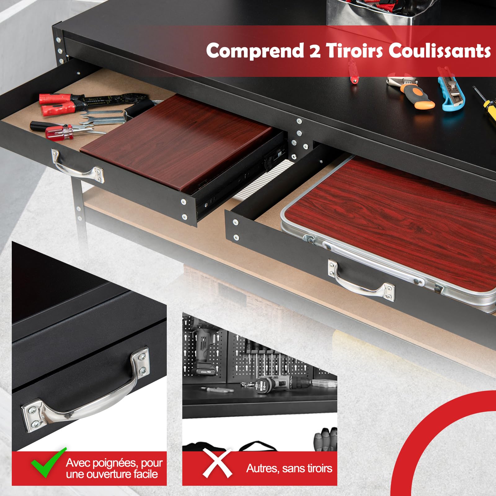 GYMAX Établi Atelier Garage 121x61x156cm, 25 Accessoires de Suspension Inclus, Panneau Perforé, 2 Tiroirs, Etagères de Rangement, Organisateur d'Outils, Table de Travail Bricoleur