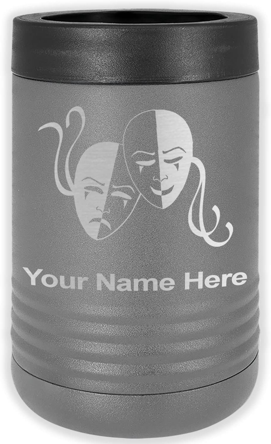 LaserGram Personalized 12 oz. Stainless Steel Can & Bottle Insulator, Drama Masks – Keeps Drinks Cold Longer (Gray)