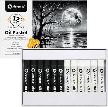 Artecho Oil Pastels Set of 12 PCS, 6 White and 6 Black 8 x 60 mm, Soft Oil Pastels for Art Painting, Drawing, Blending, Art Supplies for Artists, Beginners, Students, Teachers
