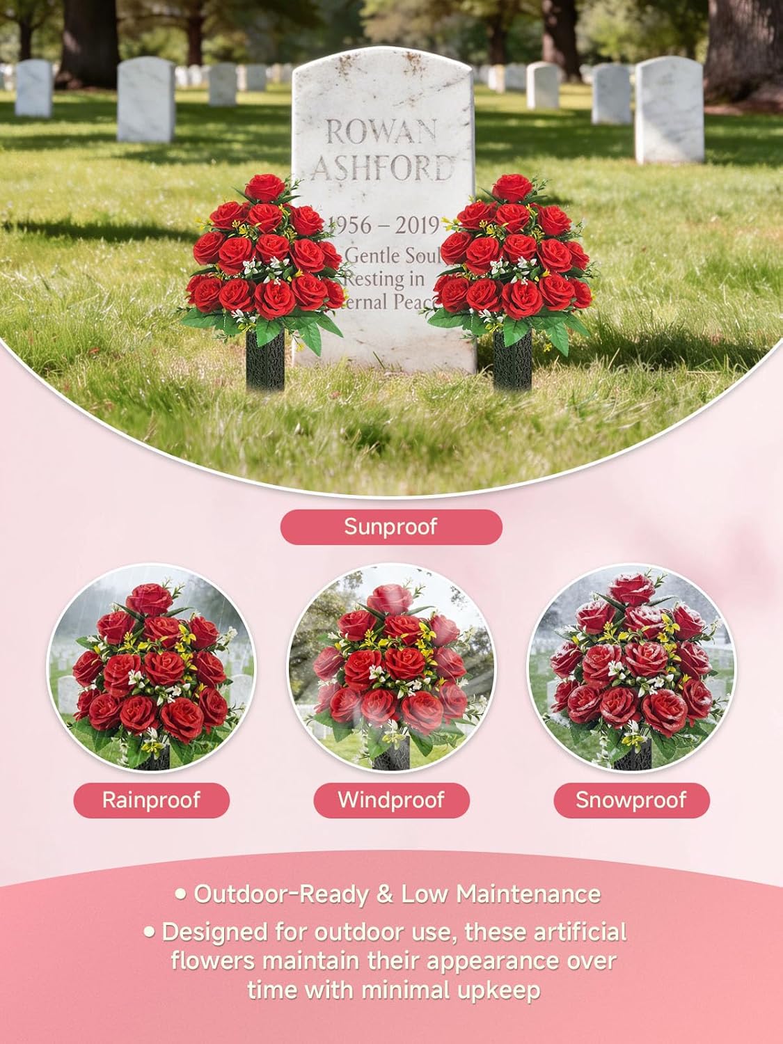 2-Pack Artificial Cemetery Flowers for Grave, 18-Stem Red Rose Bouquets with Spiked Vases, Wind-Secure Non-Bleeding Memorial for Headstones & Gravesites