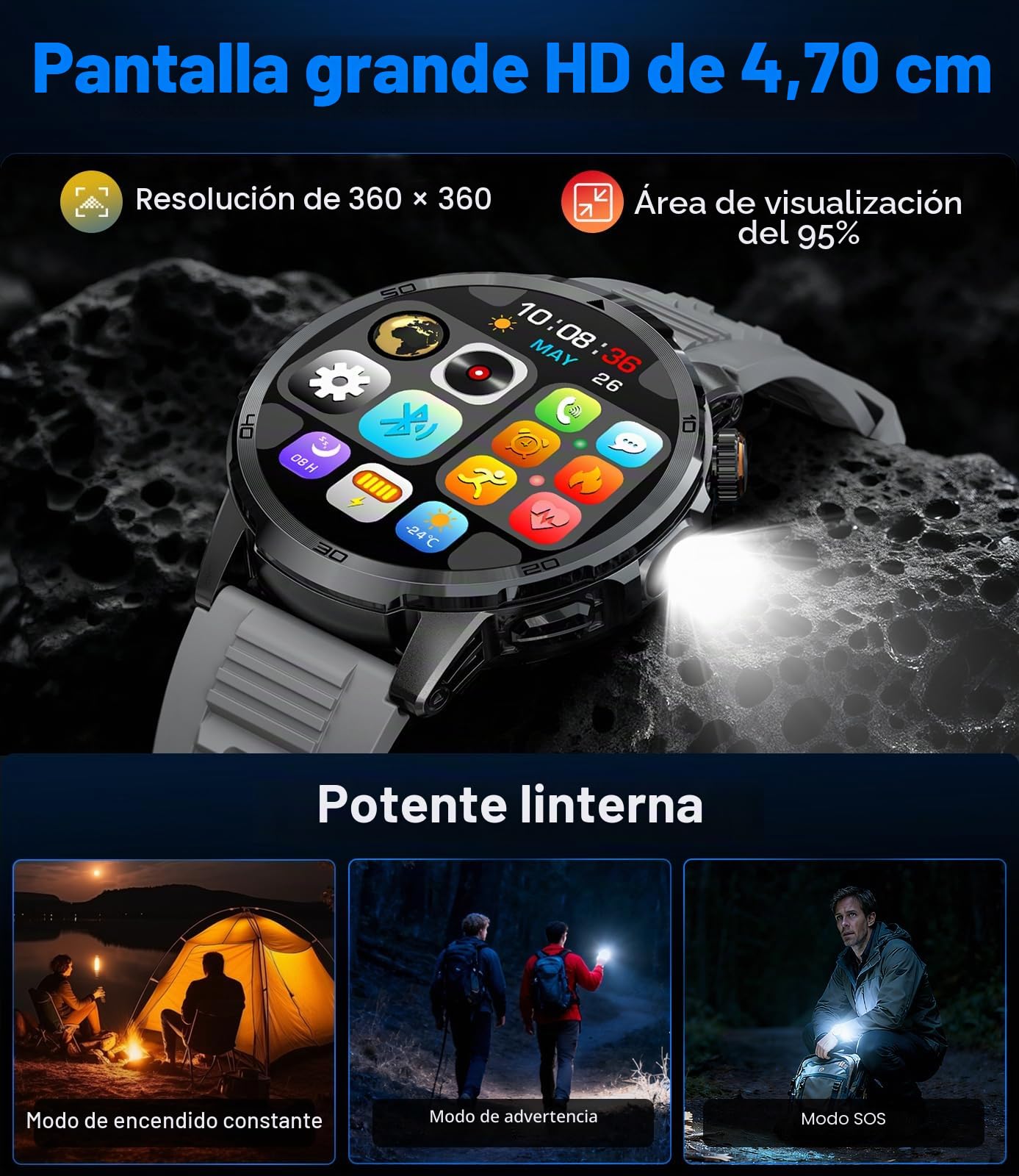 Reloj Inteligente Hombre, Pantalla Grande de 1,85"/Llamada Bluetooth/1000mAh/Torcha LED, Smartwatch Hombre con Frecuencia Cardíaca/Sueño/IP68/110+ Modos Deportivos Android iOS, Negro-Silicona