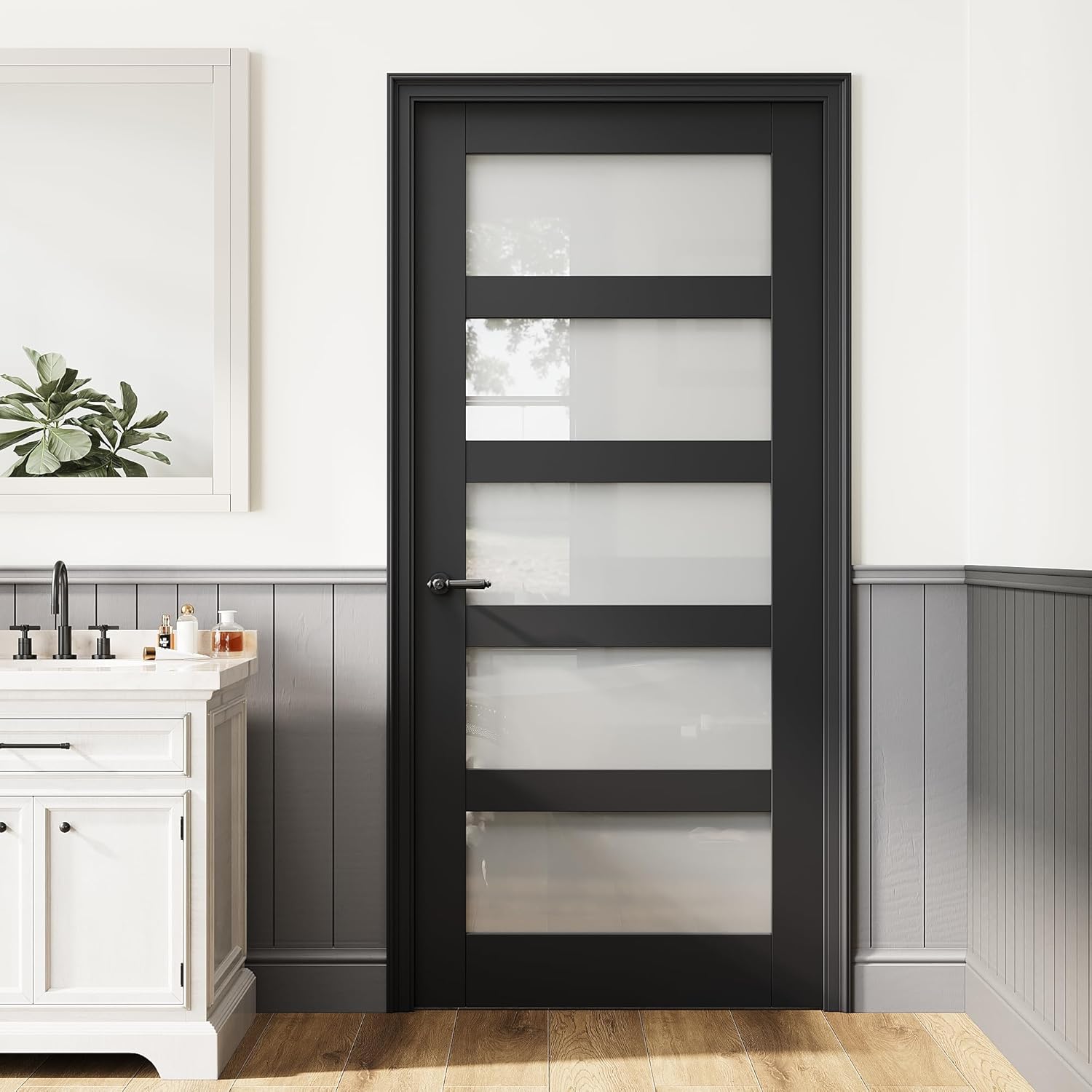 36" x 80" Frosted Glass French Door Slab, 5-Lite Privacy Glass Black Interior Door, Door Panel w/o Borehole or Hinges, as Barn/Prehung/Pocket/French Doors Slab for Pantry, Laundry, Bedroom Doors