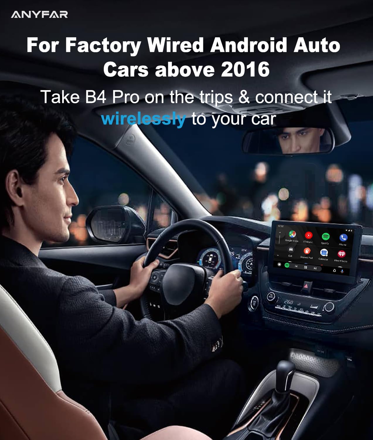 Driver interacting with Android Auto wirelessly in a car