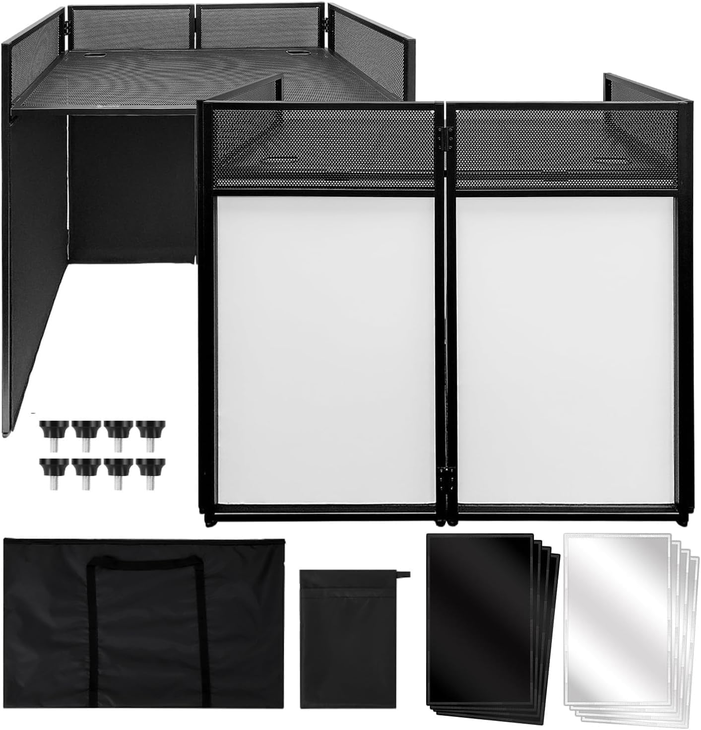Portable DJ Facade Booth, Foldable DJ Table Station With White & Black Lighting Scrim,42″L x46″H x 25″W DJ Stand Booth,With Adjustable DJ Event Facade Feet for Party, Black Metal Frame