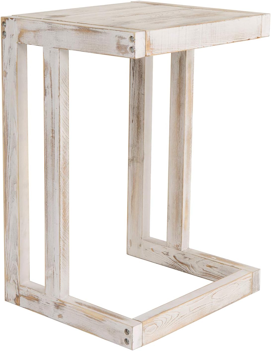 MyGift Shabby Whitewashed Wood C Shaped Side Table End Table, Under The Couch TV Table for Living Room