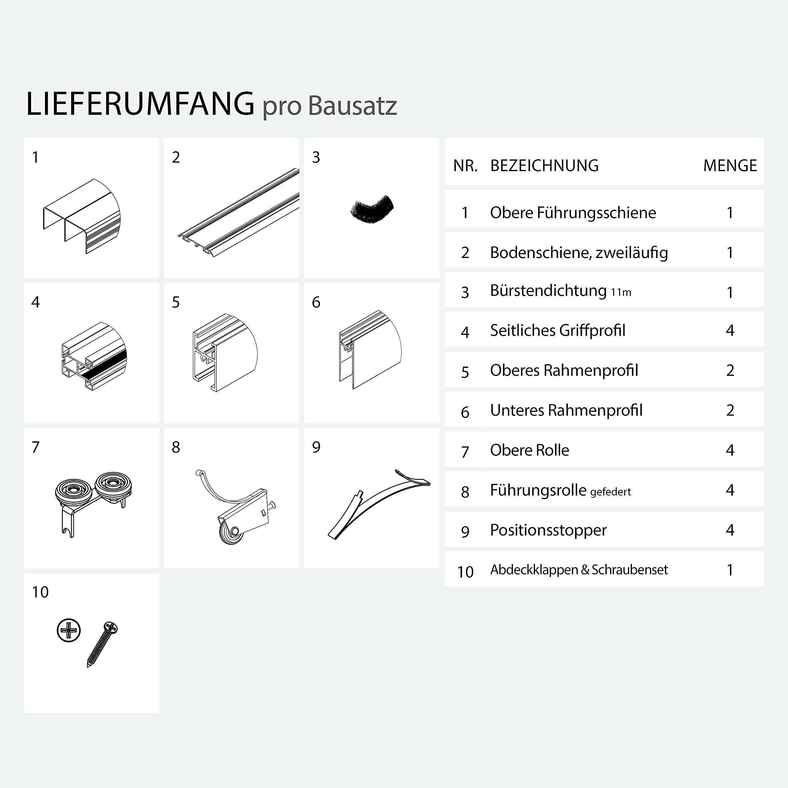 Schiebetürbausatz inkl. Aluminium Rahmentyp A | Inkl. Beschläge für 2 Türen, max. Flügelmaße: 1064 x 2700 mm | Füllung kommt von Ihnen | Boden- und Deckenschiene in 2000 mm