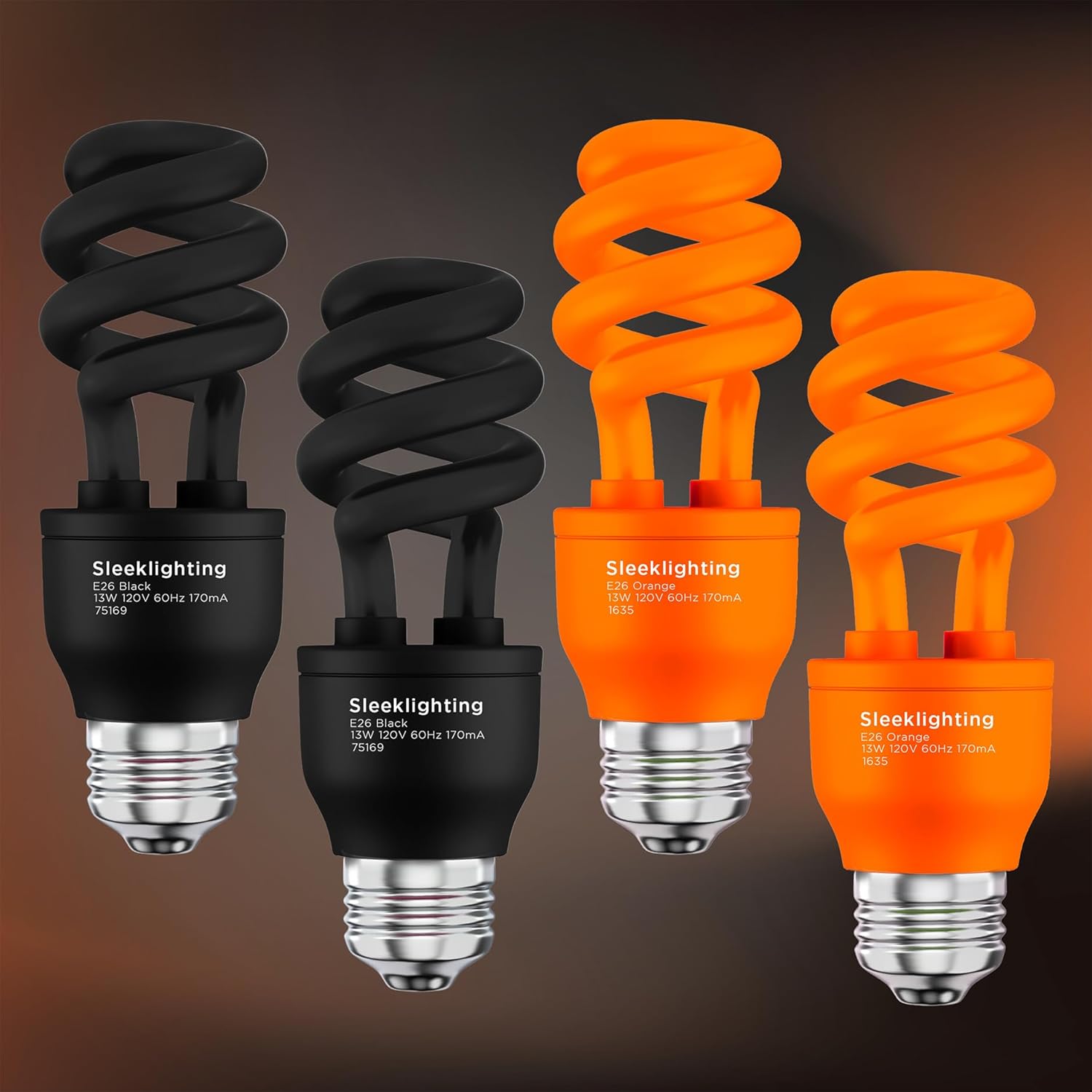 SLEEKLIGHTING 13 Watt Spiral CFL Light Bulb,- UL Approved- 120 Volt, E26 Medium Base. (Pack of 4) (Black and Orange)