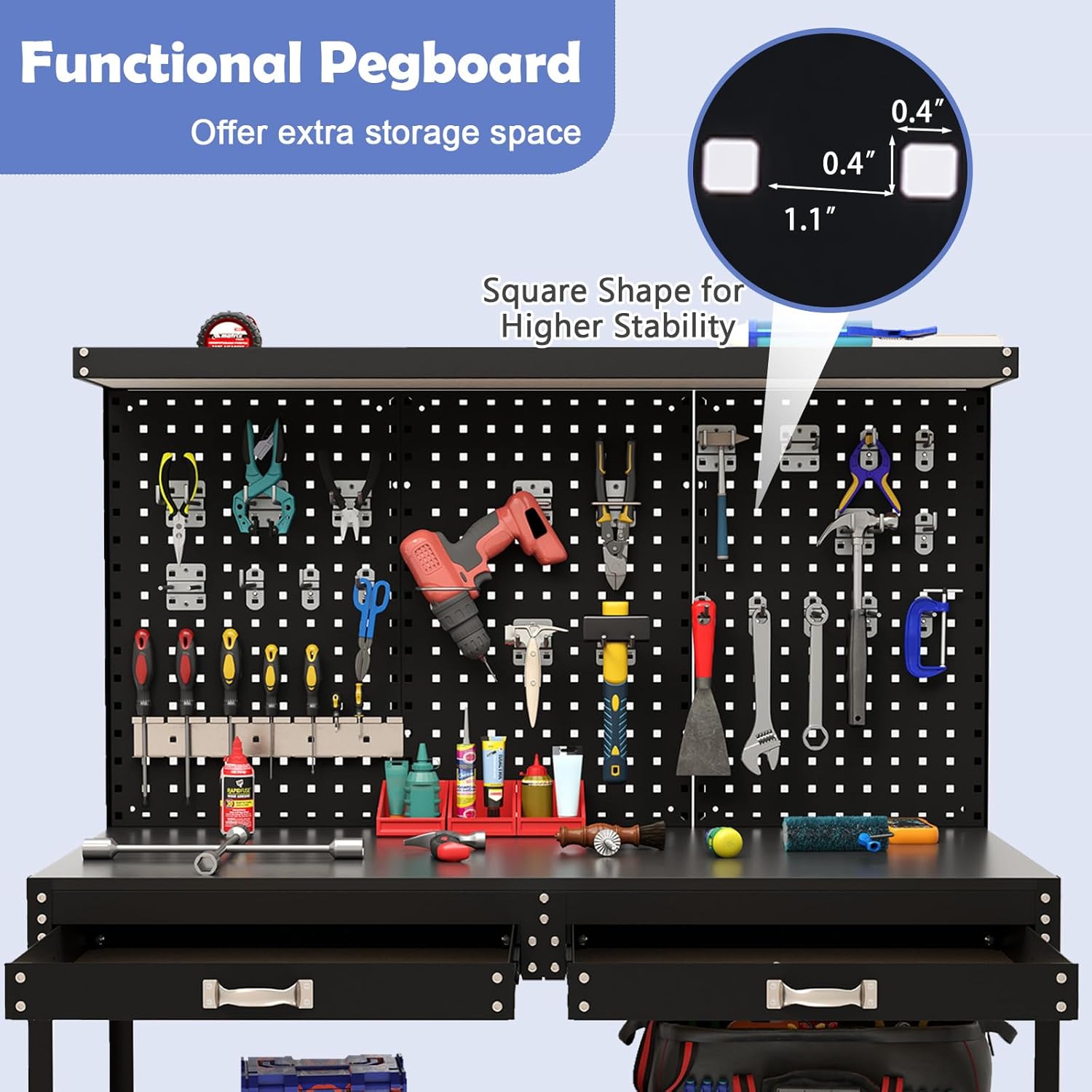 Functional pegboard of the Goplus workbench with various tools organized