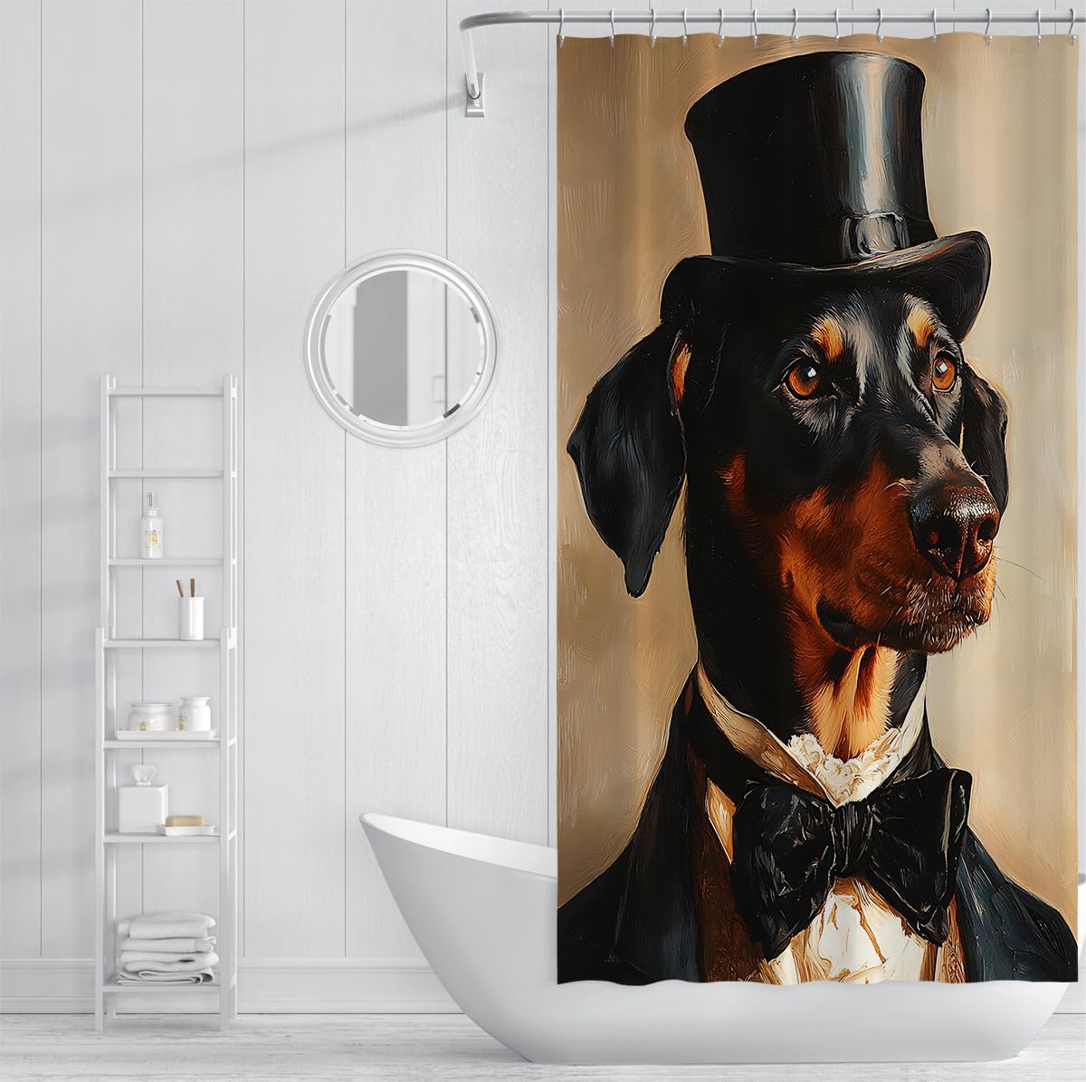 Tende doccia dobermann W200xL200cm Retro gentile animale cappello alto papillon nero sfondo chiaro impermeabile resistente muffa lavabile tessuto Tende bagno per casa vacanze con ganci