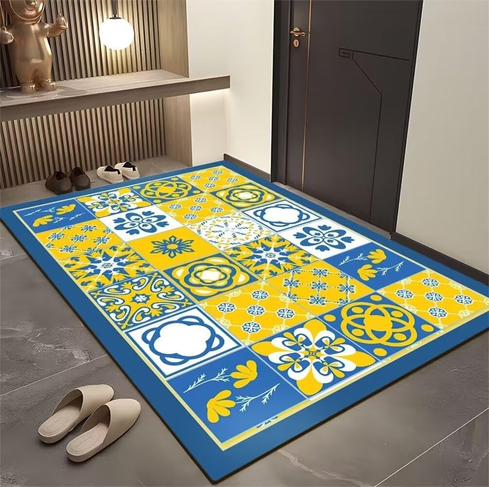 Tapis de salon grande taille 100x160cm bleu à motif floral pastoral jaune
