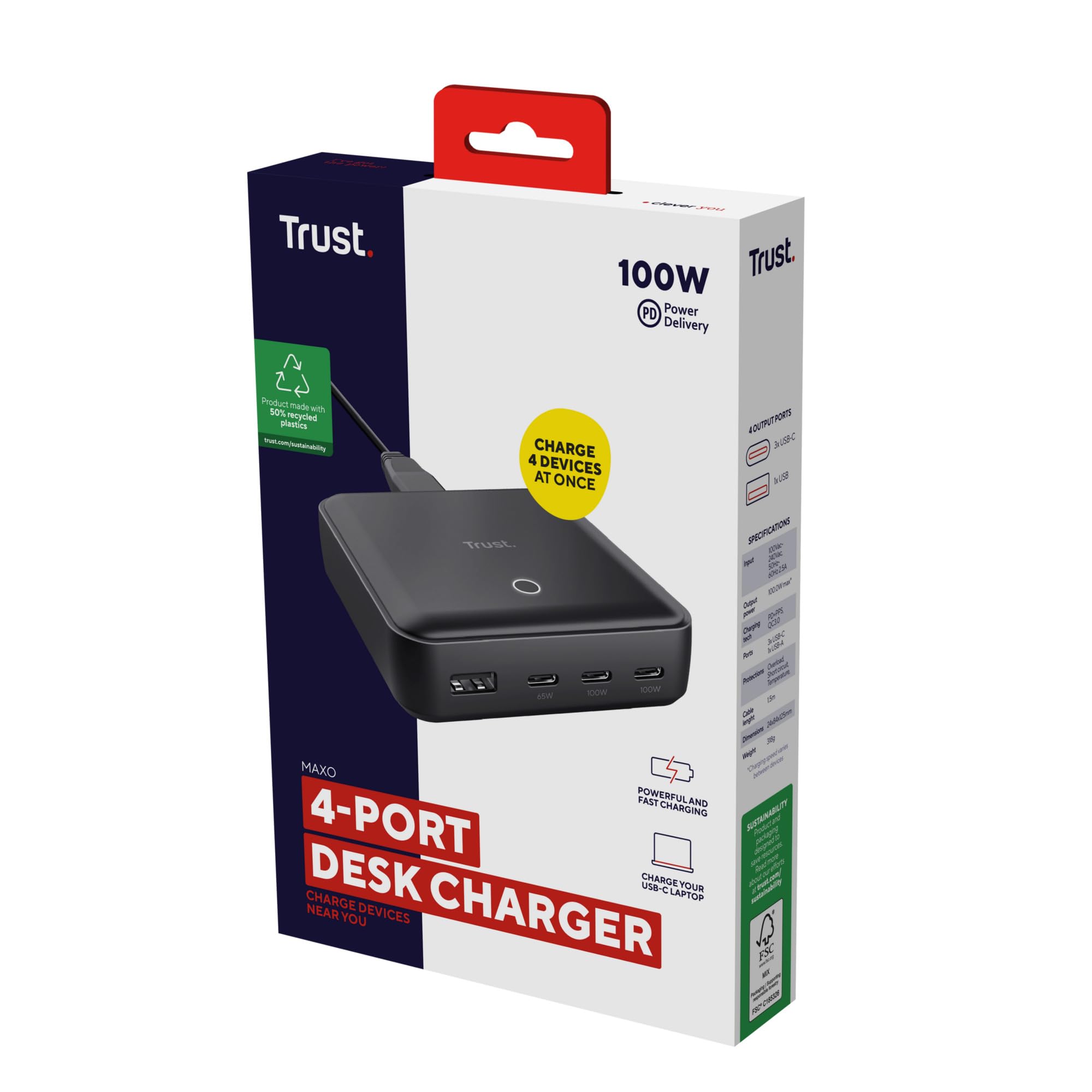 Trust Maxo 100W Multipresa USB C, Caricatore USB-C x3 USB-A x1 | Cavo di Alimentazione 1,5 m, Hub Stazione di Ricarica USB Multipla per iPhone Samsung Galaxy Tablet Laptop