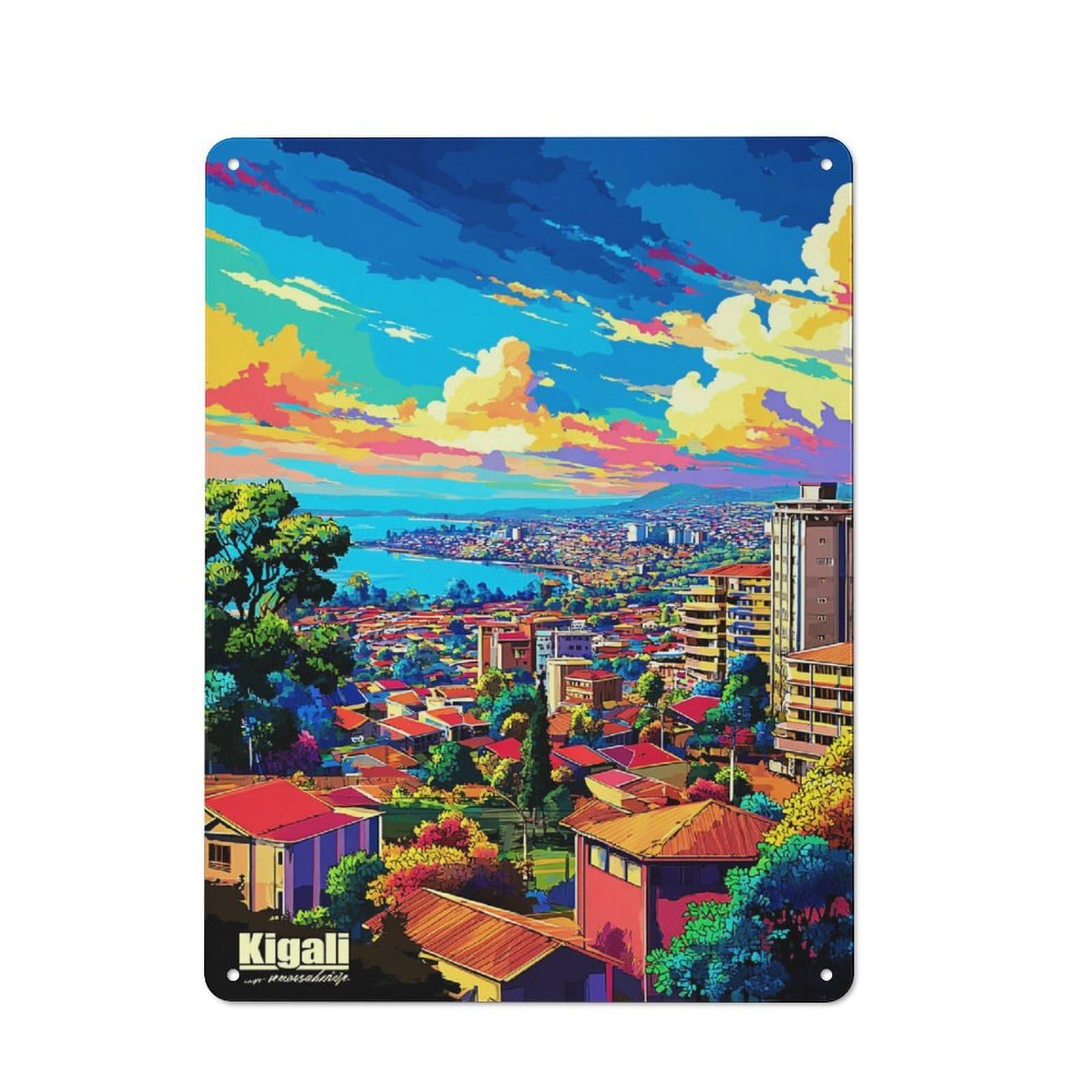 Junmoney Kigali Cityscape With Vibrant Sky Modern Retro Metal Wall Decor 40X30cm, Metal Wall Sign For Loft, Studio, Office Or Creative Room