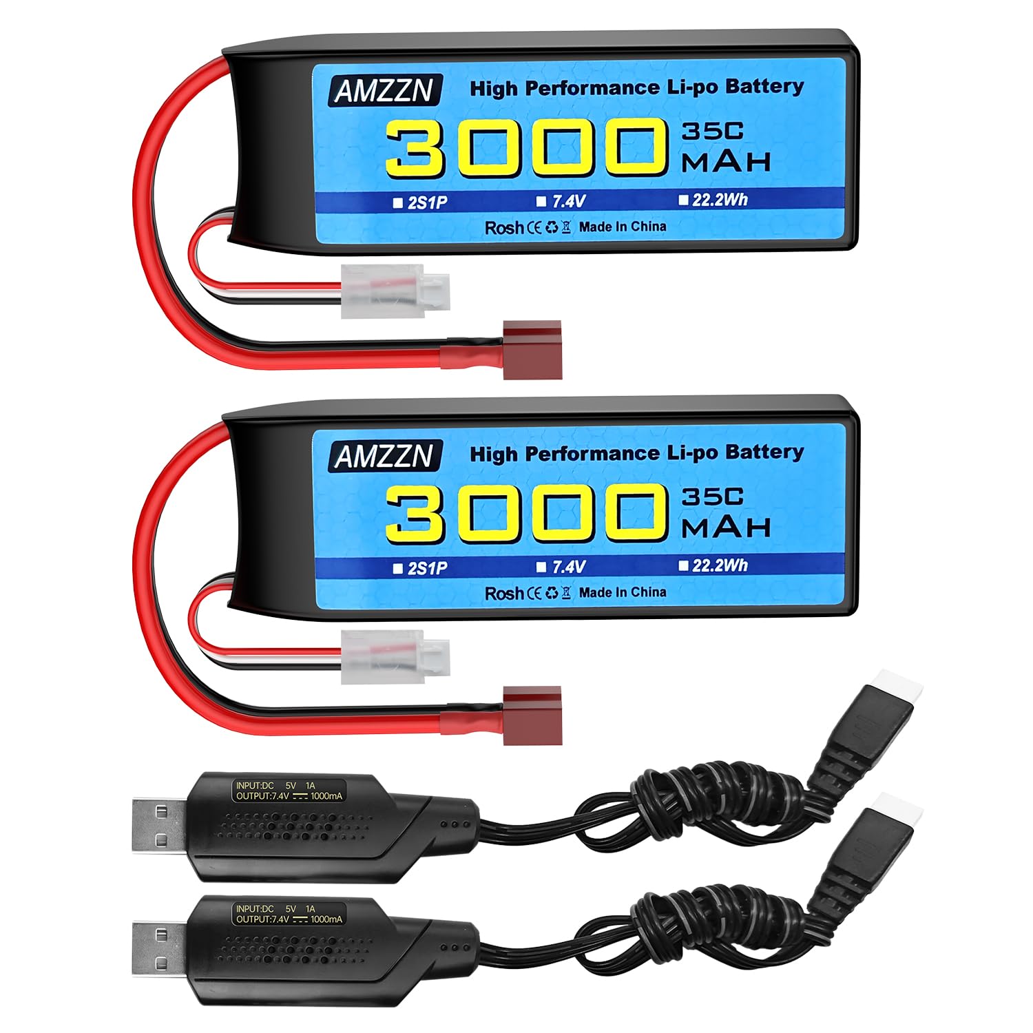 2 Stück 2S T-Stecker Lipo Batterie 7.4 V 3000mAh 35C mit USB-Ladekabel für RC Auto, LKW, Automodelle, ferngesteuerte Schiffe, RC Quad-Rotor, FPV-Drohnenbatterien
