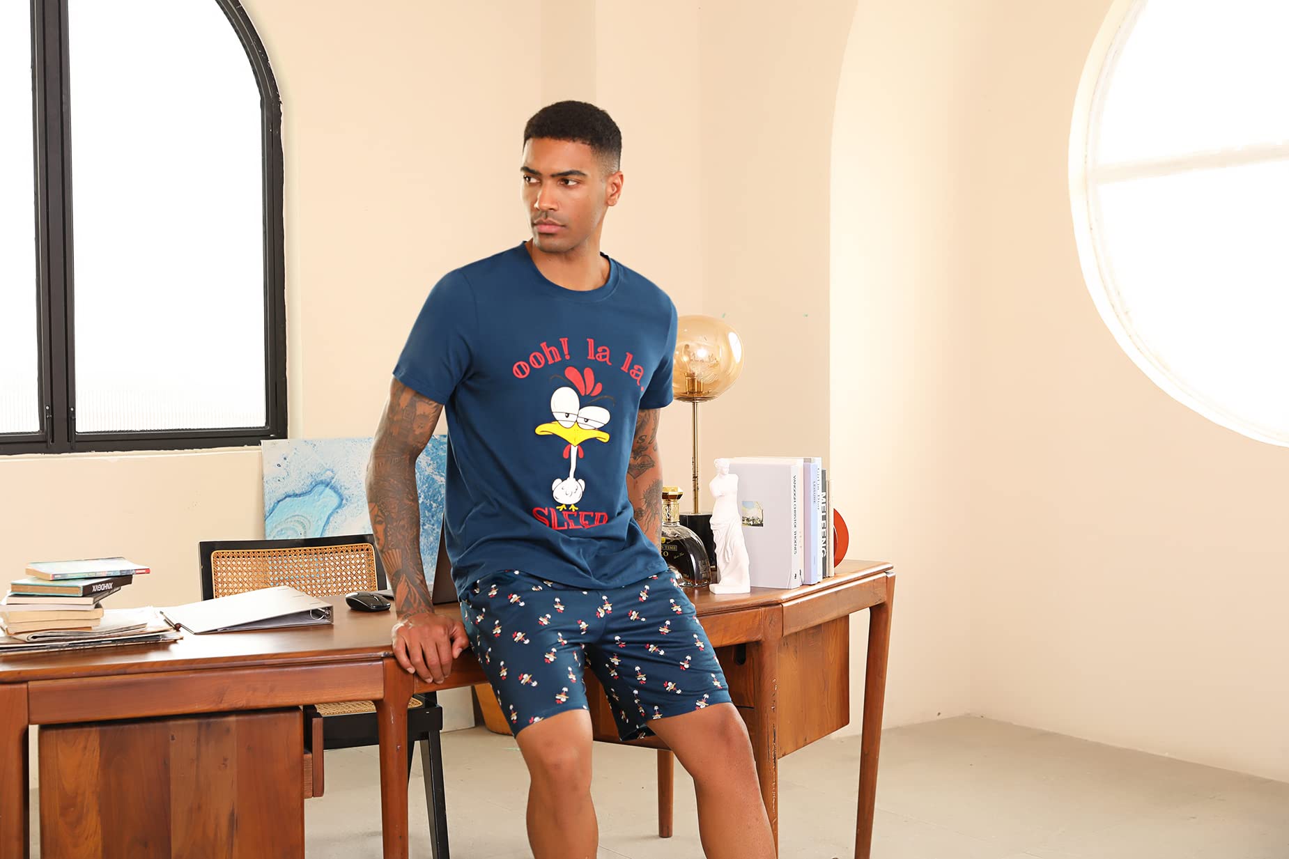 Pigiama da Uomo in Cotone Pigiama Estivo Corto Set Manica Corta Modello Carino Stampa Sleepwear Loungewear
