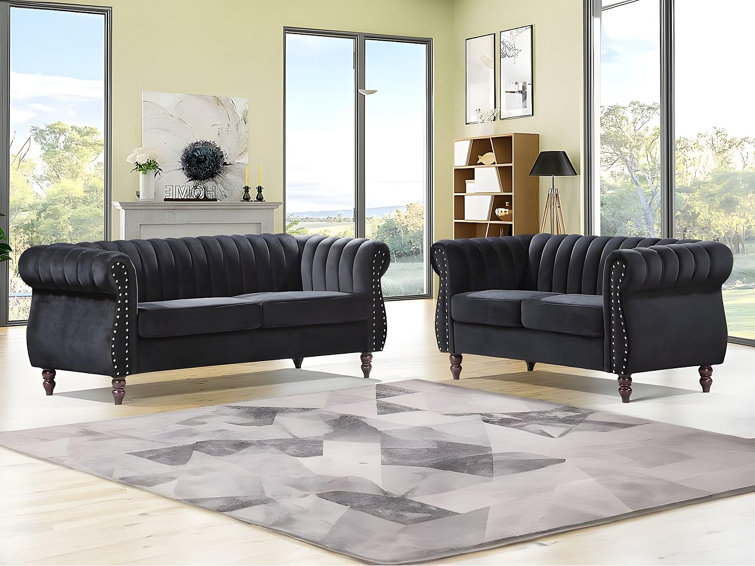 Vente-unique - Canapés Chesterfield 3 Places et 2 Places en Velours Noir Trumbo