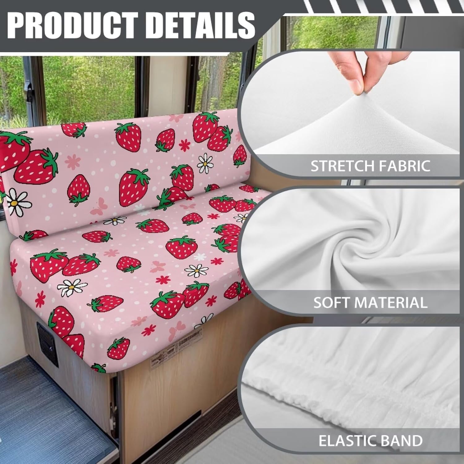 Strawberry RV Cushion Covers for Women,Dinette Booth Seats 2 Sets Camper Cushion Covers Stretch Couch Cover for RV Camper Sofa Bed,Including Bench & Backrest Cover,Pink