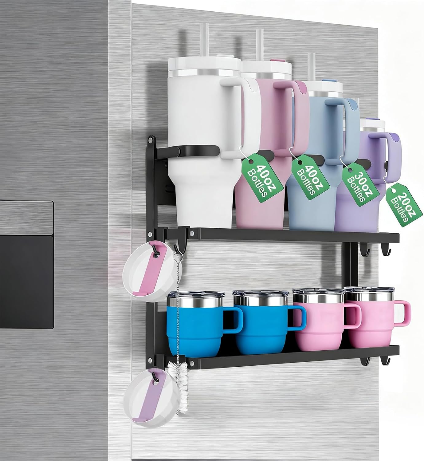 Magnetic Stanley Cup Holder for Refrigerator, Water Bottle Organizer for Stanley 40/30/20 oz Tumbler, Fridge Kitchen Storage Rack with 8 Holders & 2 Wood Rods, Owala/Yeti/Stanley Cup Accessories-Black