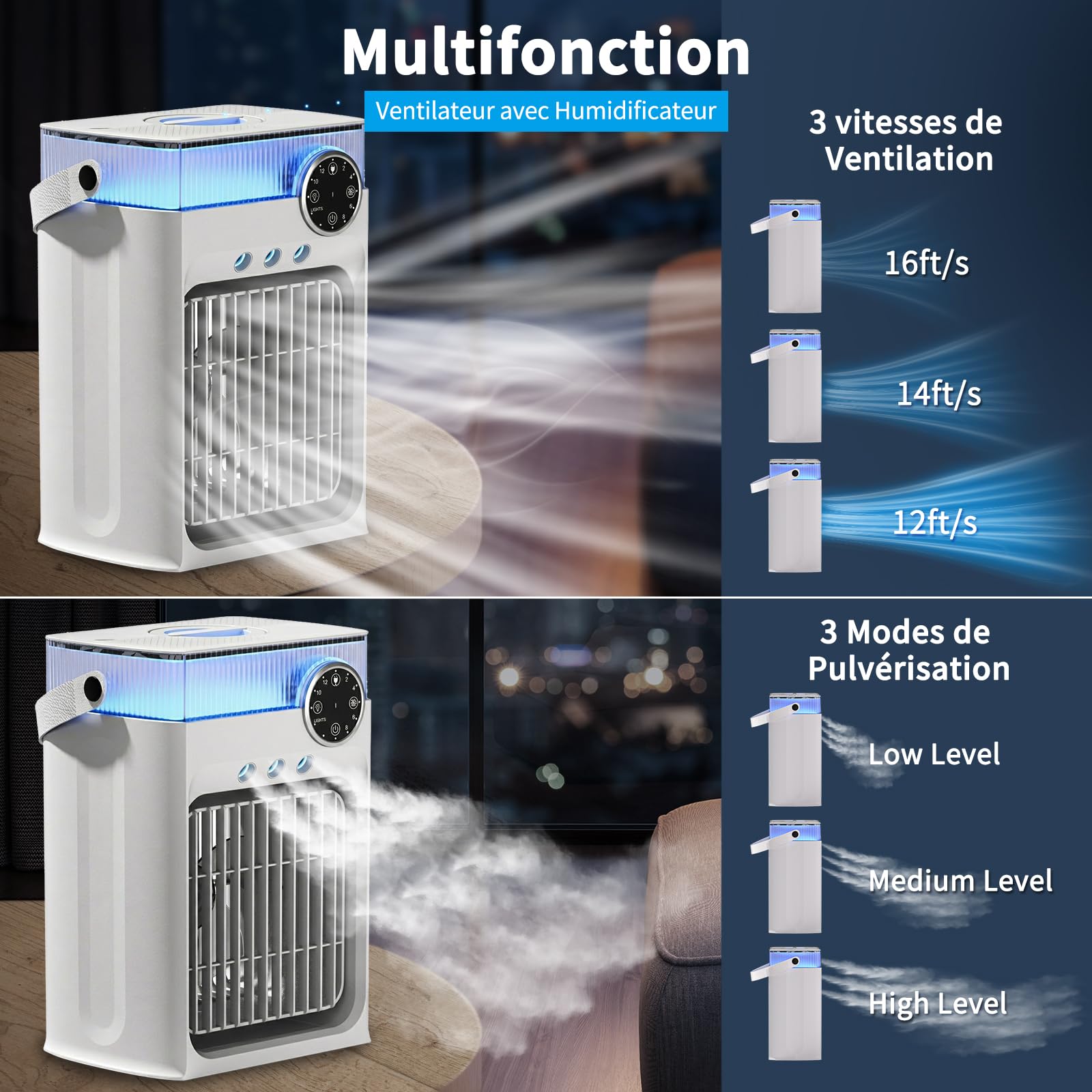 YFFU Climatiseur Mobile avec Télécommandé,1200ml Rafraîchisseur d’Air RGB 8 Couleurs,3 Vitesses,3 Modes de Brume, Minuterie 2-8h, Mini Clim Portative pour Pièce et Extérieur,Nuage Blanc