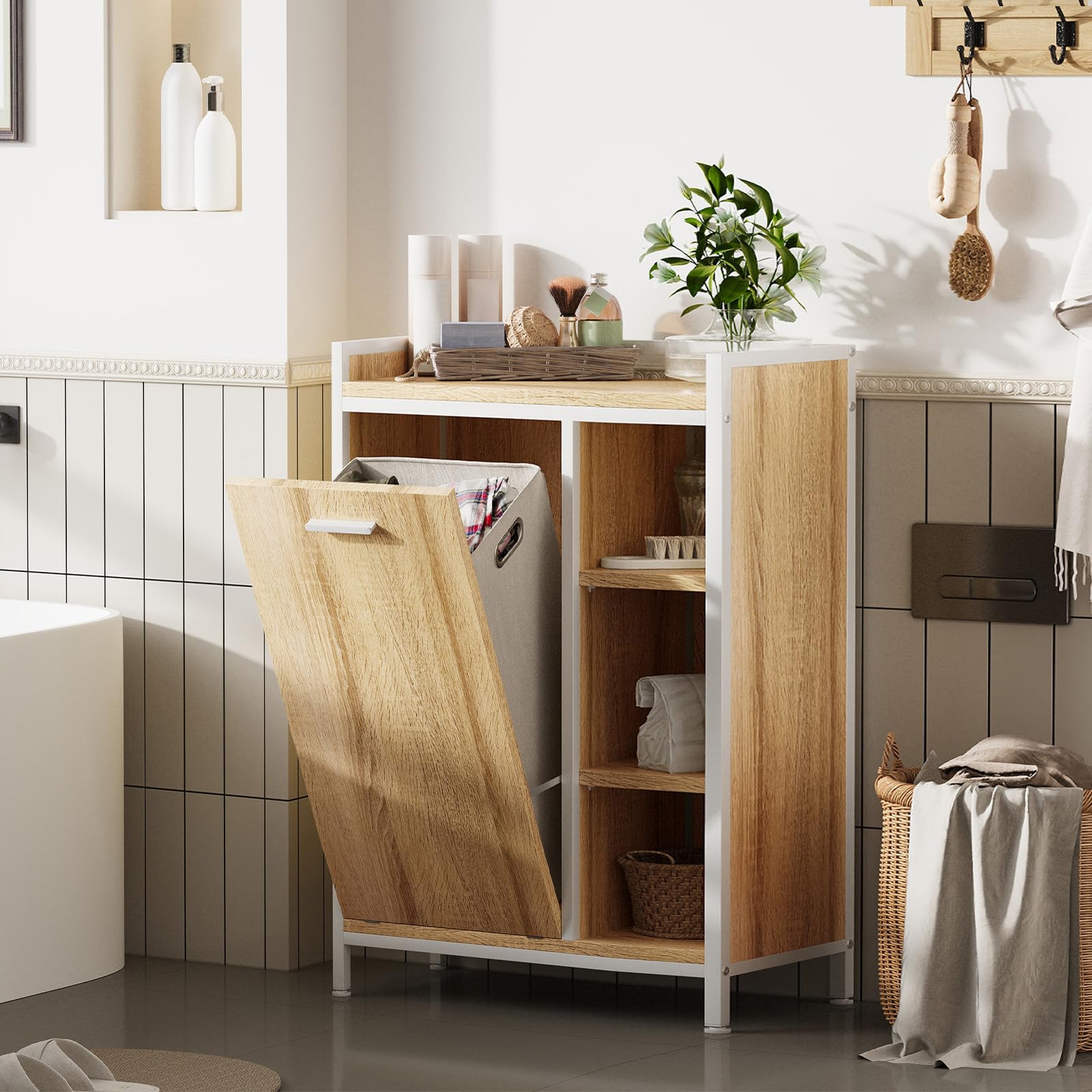 ELUCHANG Meuble de Salle de Bain, Panier à Linge 50L, Placard de Rangement, 2 en 1,avec Sac Intérieur Amovible,Étagère Réglable,pour Salle de Bain, Buanderie,63 x 30 x 91cm,Chêne Clair+Blanc