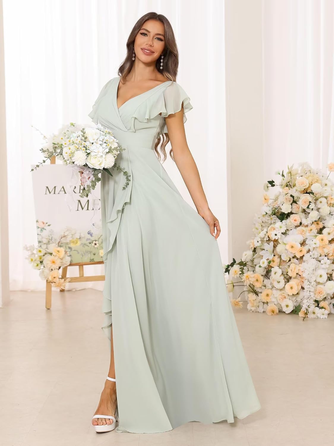 CuteMe Chiffon V Neck Bridesmaid Dresses for Women Flutter Sleeve Corset Ruffled Long Formal Dress with Slit CC016 - Image 3