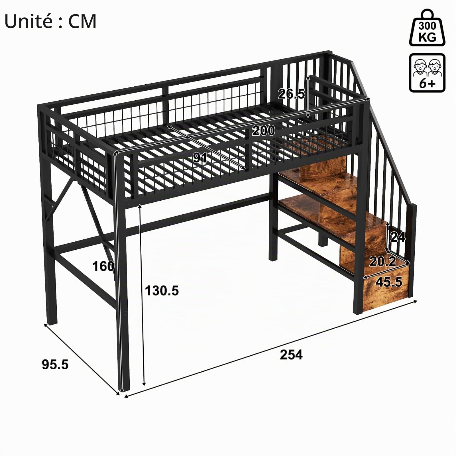 KOMHTOM Lit Mezzanine 140x200 cm en Métal, Lit Surélevé Multifonctionnel avec Escaliers de Rangement et Eclairage LED, pour Adultes et Ados, sans Matelas (Noir-90x200cm)