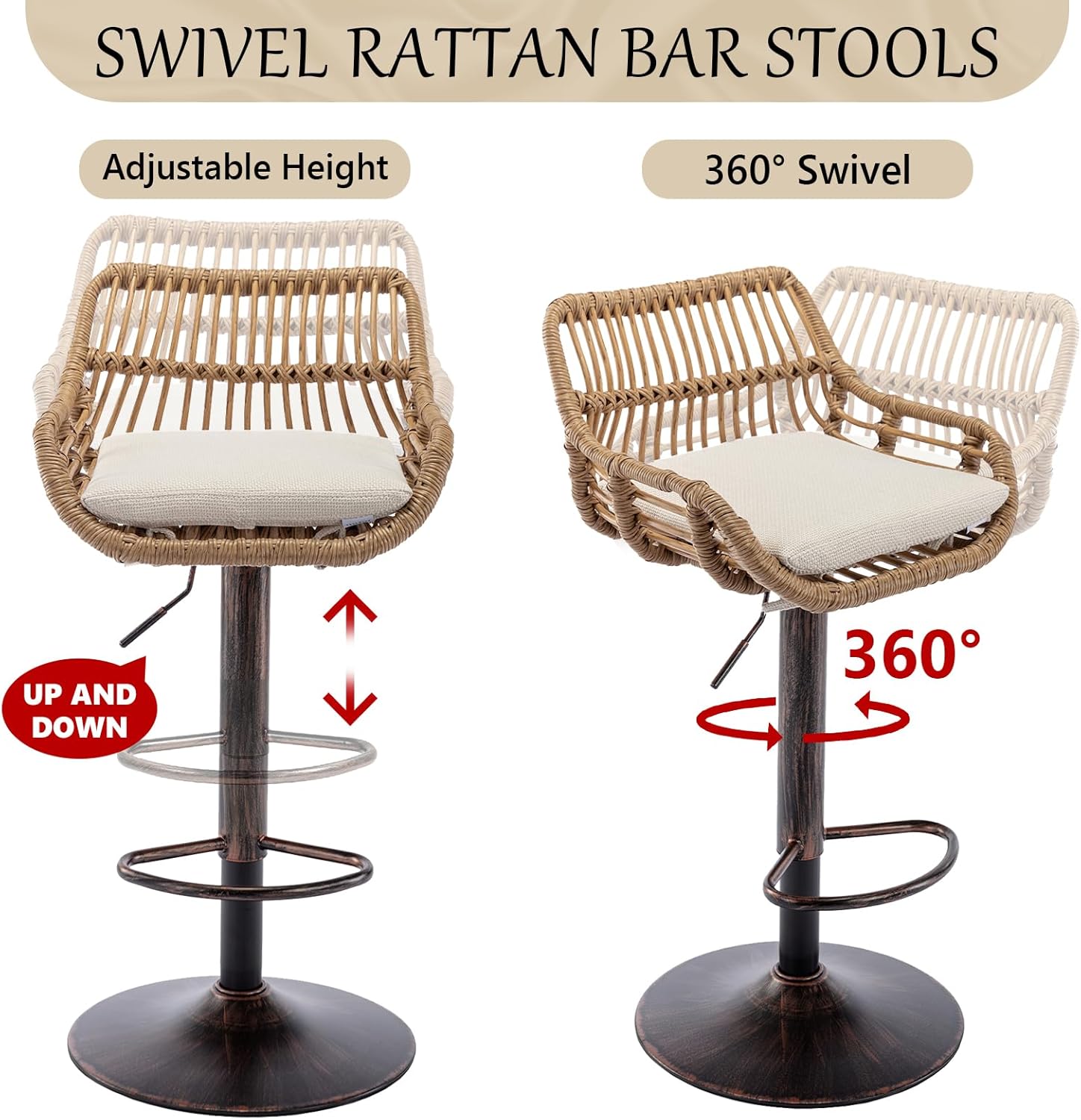 Modern Rattan Bar Stools, Linen Dining Bar Stools, Kitchen Bar Chairs with Handle and Footrest, Pub Stools with Round Base, Island Stools for Kitchen, Counter, Home Bar (Beige)