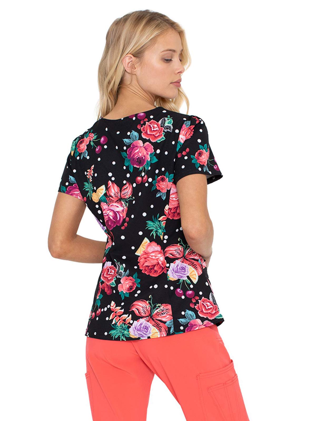 HeartSoul 'Shaped V-Neck Top' Scrub Top Floral-Ever Fruity Medium