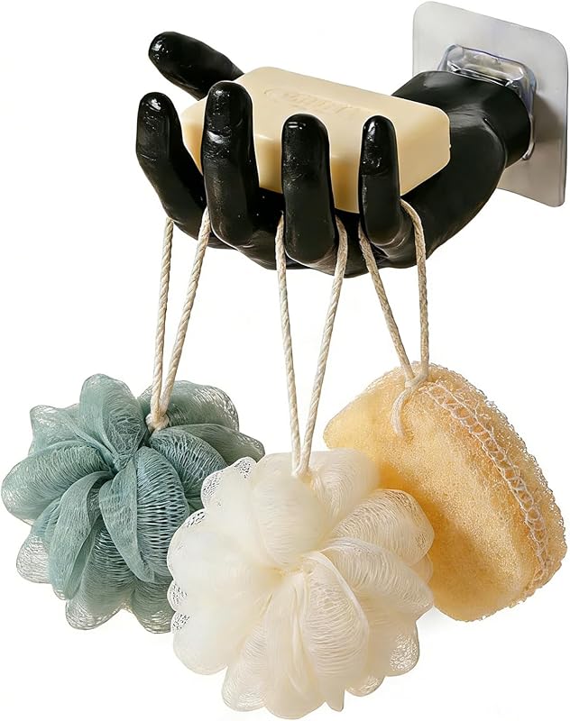 Handförmige Seifenschale selbstklebend ohne Bohren – 5 Haken. Wandmontage, Kunststoff, schimmelresistent (Mold), seifenhalter mit Ablaufrinne. seifenschale dusche, Badezimmer seifenhalter(schwarz)