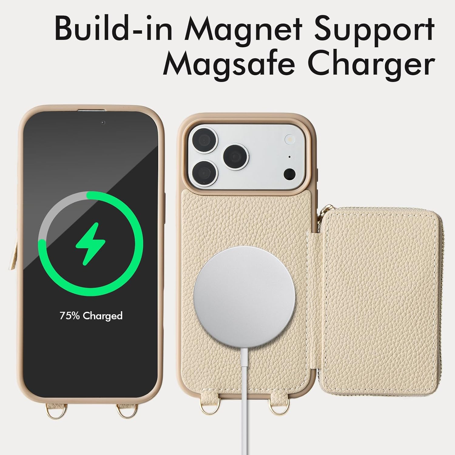 ZVE for iPhone 17 Pro Case Wallet Compatible with Magsafe,RFID Blocking Crossbody Chain Strap Phone Cover for Women 6.3" Beige - Image 3