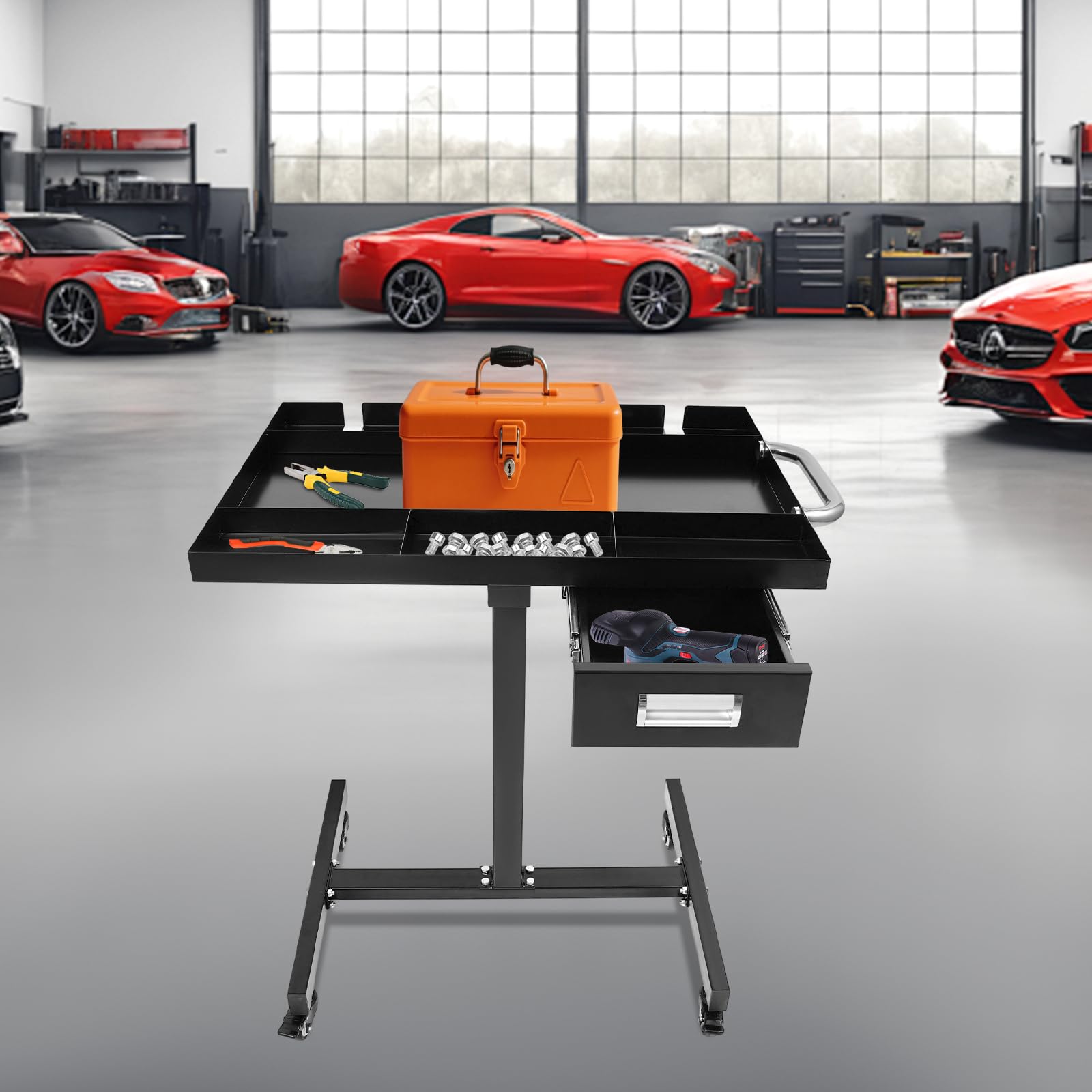 Carro de herramientas con cajón | Mesa de trabajo móvil para garaje y taller | Construcción de acero, 4 ruedas de freno, capacidad de carga de 100 kg y bandeja organizativa (negro)
