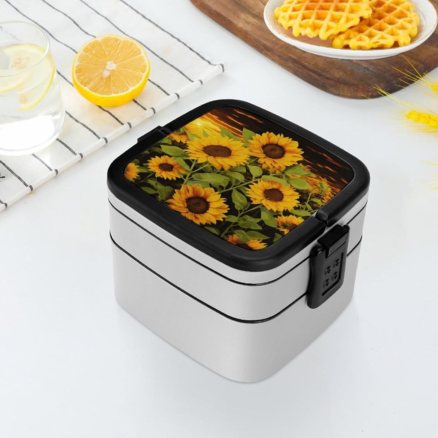Sun Flower Bento Box Adult Lunch Box Sealed Bento Lunch Boxes with Spoon Sturdy Double Layer Bento Boxes Snap-on Design Leak Proof Lunch Containers Ideal for Work