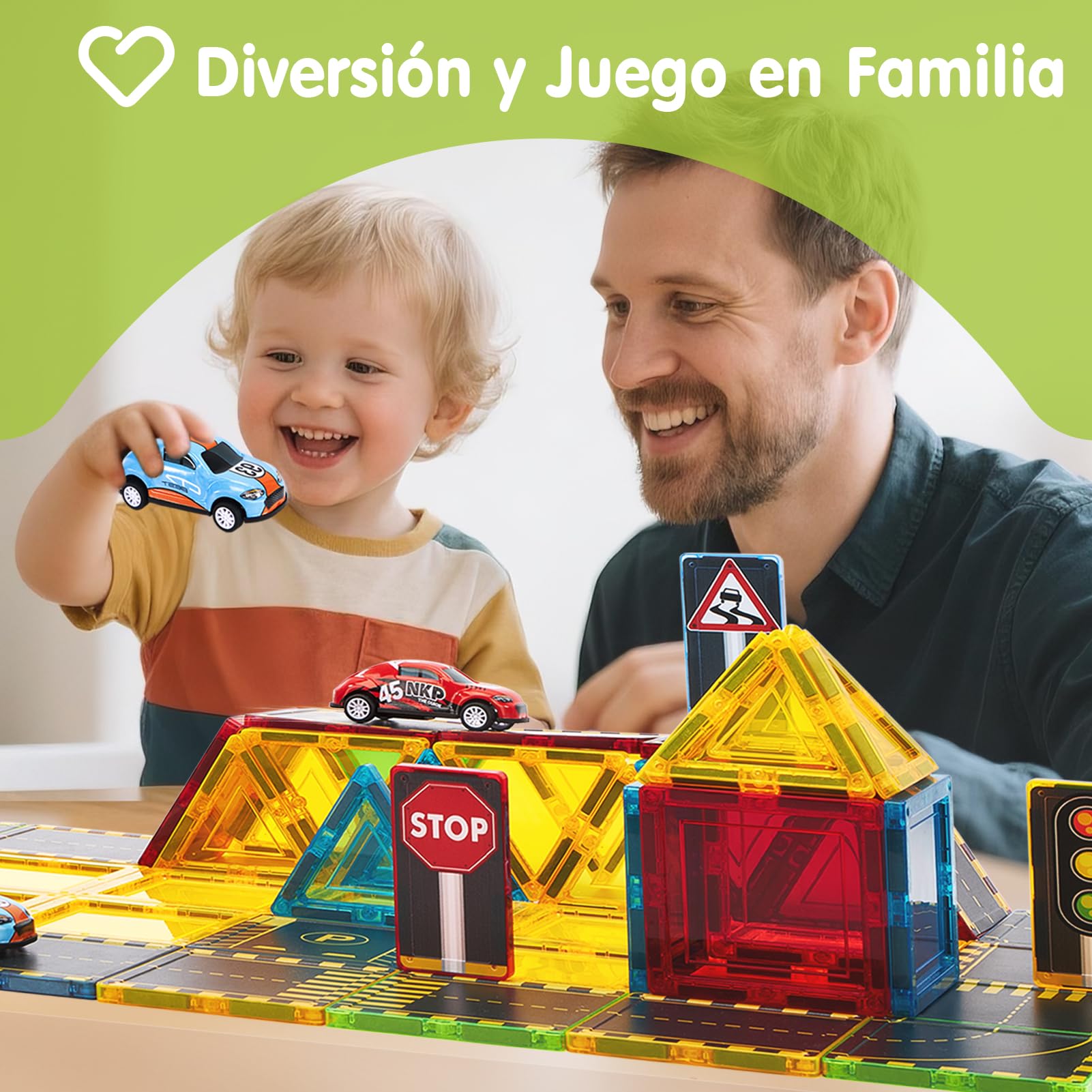 hahaland Bloques Magnéticos Construcción Niños, 38 Piezas Magnetic Tiles con Carreteras de Ciudad y 2 Coches Pull Back, Piezas Magnéticas Compatibles para Niños 3 4 5 6 Años