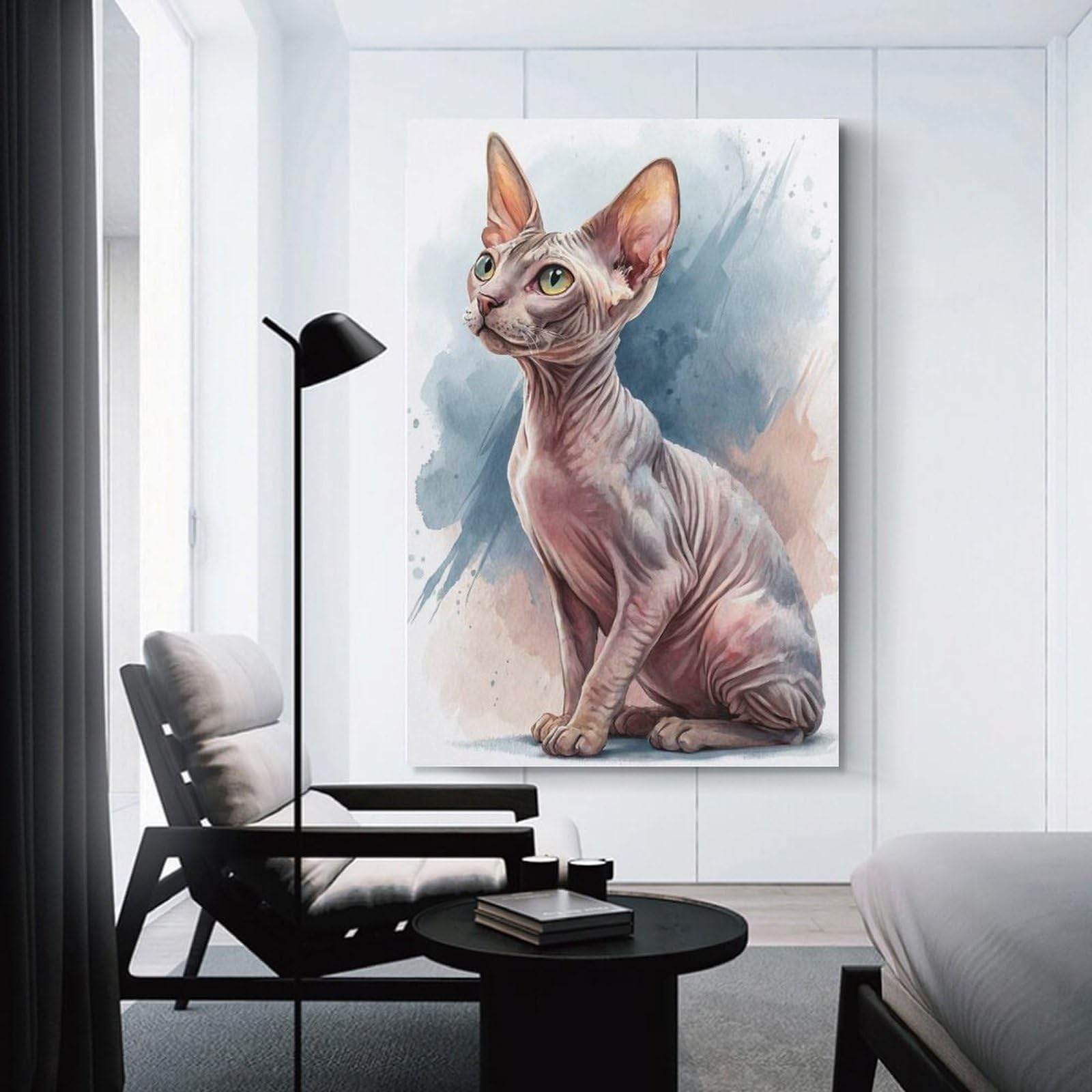 Junmoney Unframe-Style-7 Watercolor Sphynx Cat Portrait Canvas Wall Picture, 24X36inch(60X90cm), For Wall Displays, Bedrooms Or Room Updates, Wall Decor Suited To Curated Displays
