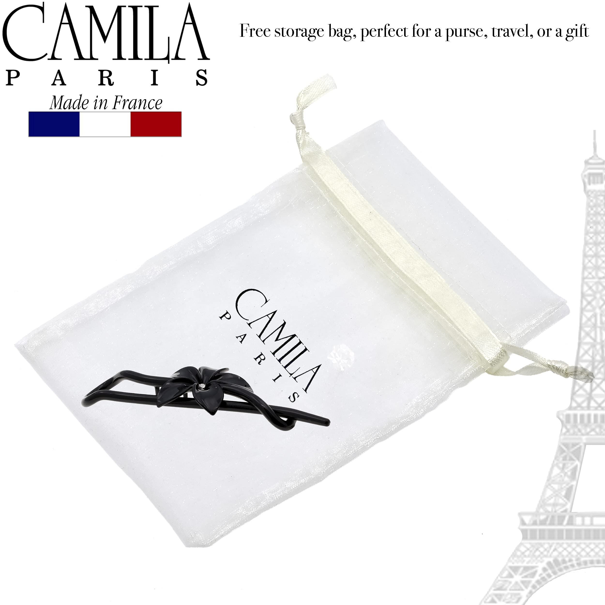 Camila Paris CP1593 Französische Haarspange für Mädchen, Blume, schwarz, keine Metallteile, starker Halt, Haarspangen für Frauen, rutschfest, Haarschmuck für Mädchen, hergestellt in Frankreich