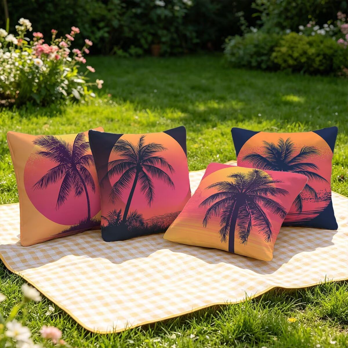 Federe Cuscino Divano 60x60, Arancia Cuscini per Divano da Esterno Set da 4, Lino Copricuscini Divanos Impermeabile, Copri Cuscini Estate Motivo Fronte Retro Stampato per Giardino, Sofá, Balcón, F-13