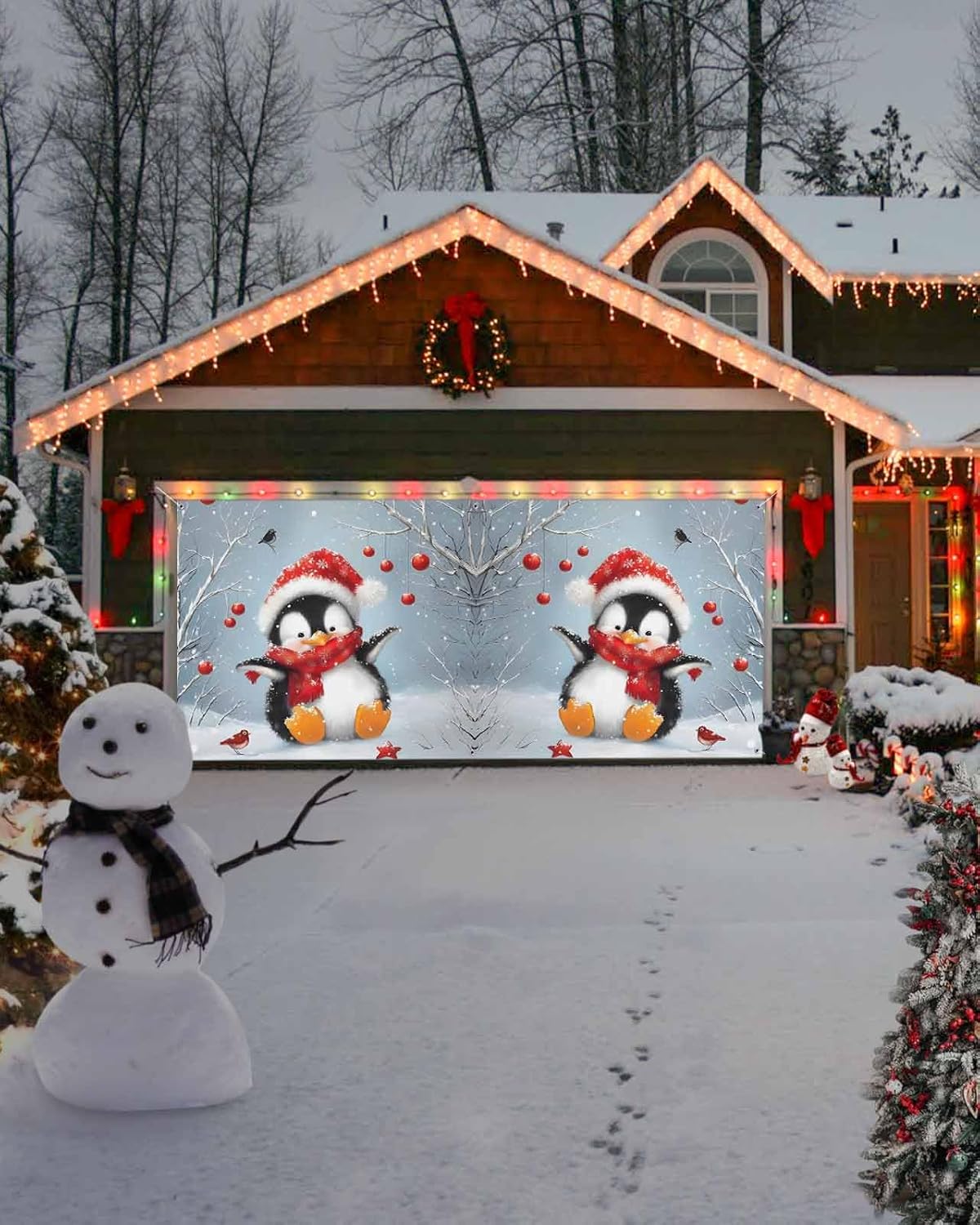 Christmas Garage Door Banner Cover 7 x 16 ft, Christmas Cute Hat Penguin Garage Door Decorations Holiday Christmas Backdrop Decor for Winter New Year Party Photo
