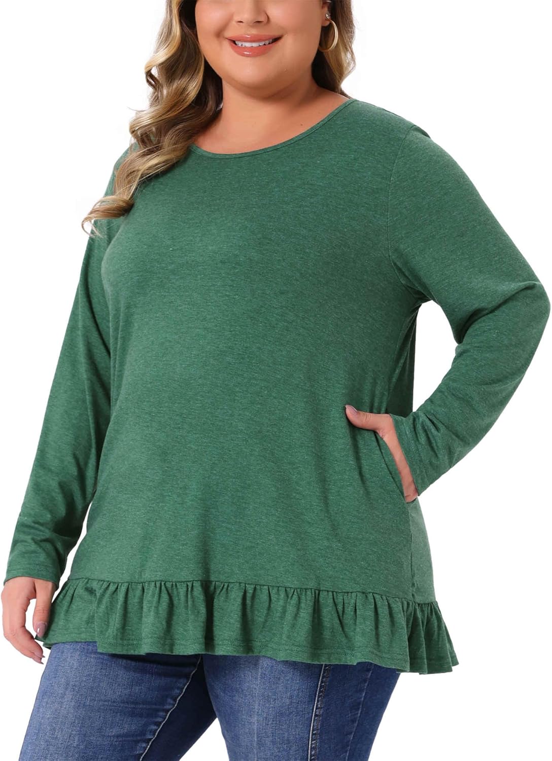 Agnes Orinda Plus Size Tunic Tops for Women Crew Neck Long Sleeve Ruffled Hem Long Flowy Shirts for Leggings