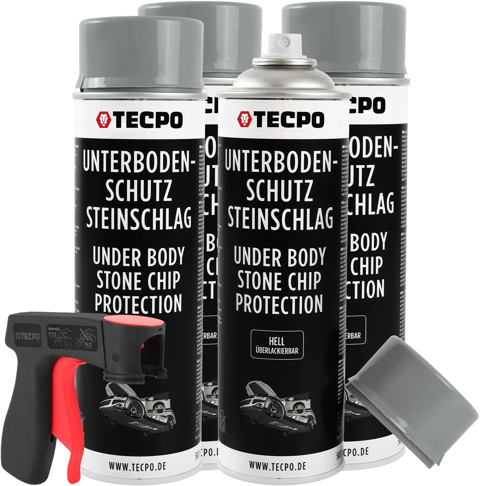 TECPO 4x Unterbodenschutz überlackierbar hell, 500 ml + Pistolengriff
